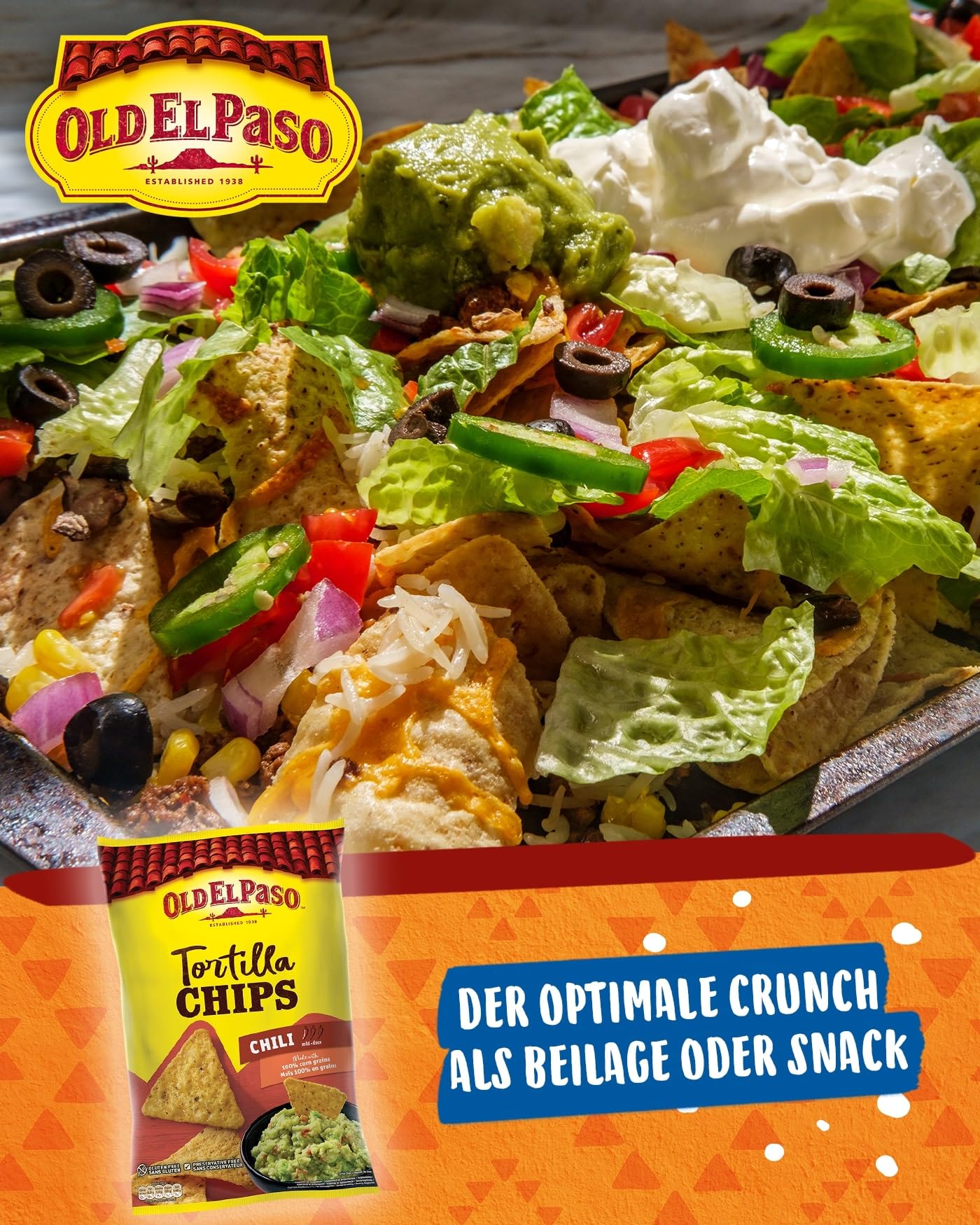 Old El Paso Tortilla Chips Chili – Tortilla Chips mit Chili-Geschmack aus Mais gebacken – Glutenfrei – 1 x 185 g