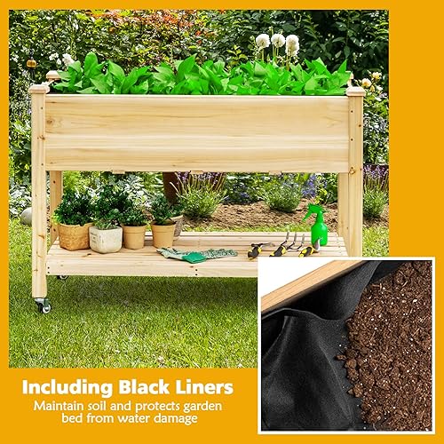 Miniatura 5 de Giantex Cama de jardín elevada con ruedas, maceta de madera con patas, forro, agujeros de drenaje, cama de jardín elevada para verduras, contenedor