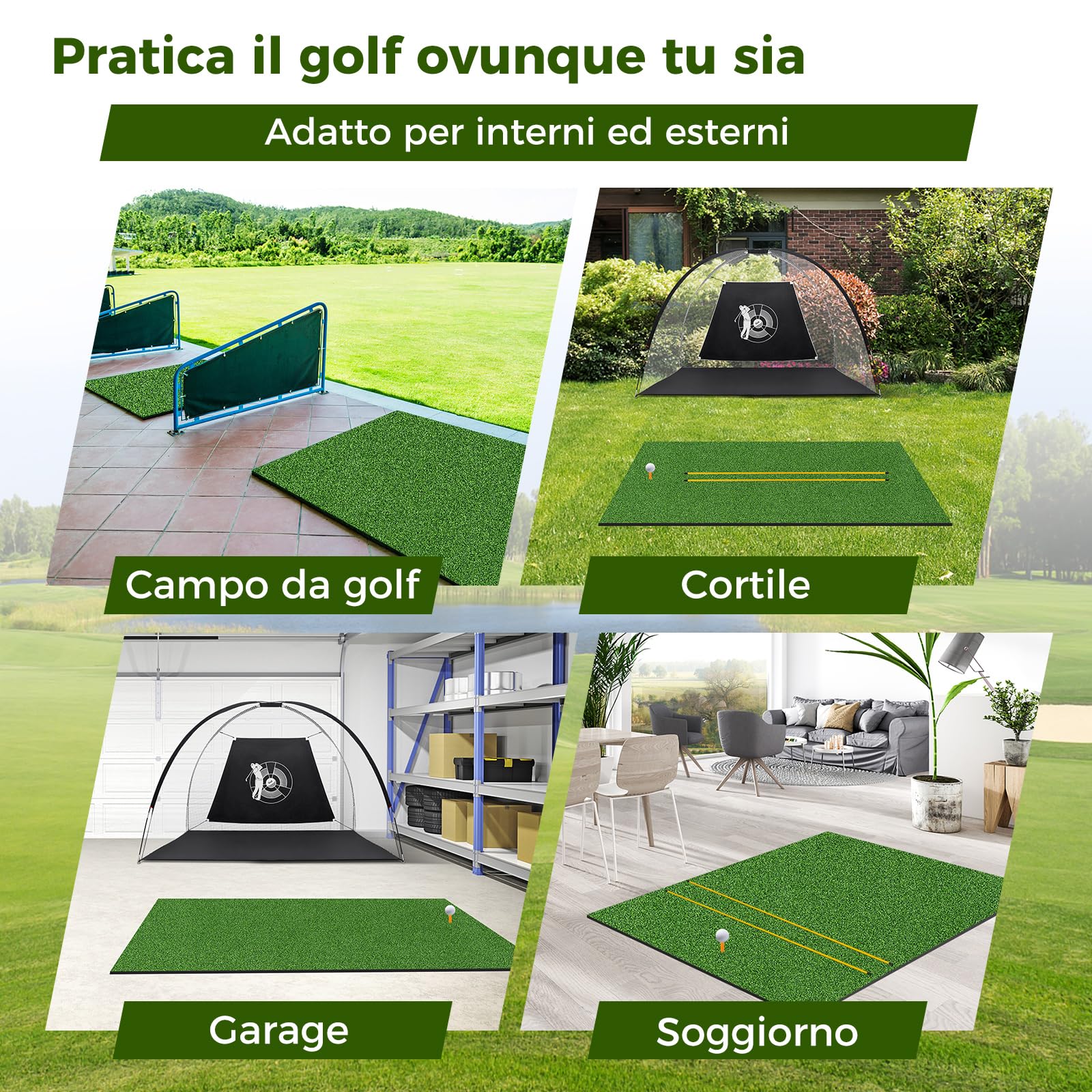 COSTWAY Tappeto da Allenamento Golf 3-in-1, Tappetino da Allenamento in Erba Sintetica con 2 Punte da Golf, 2 Aste di Allineamento e 3 Fori Preforati per le Punte
