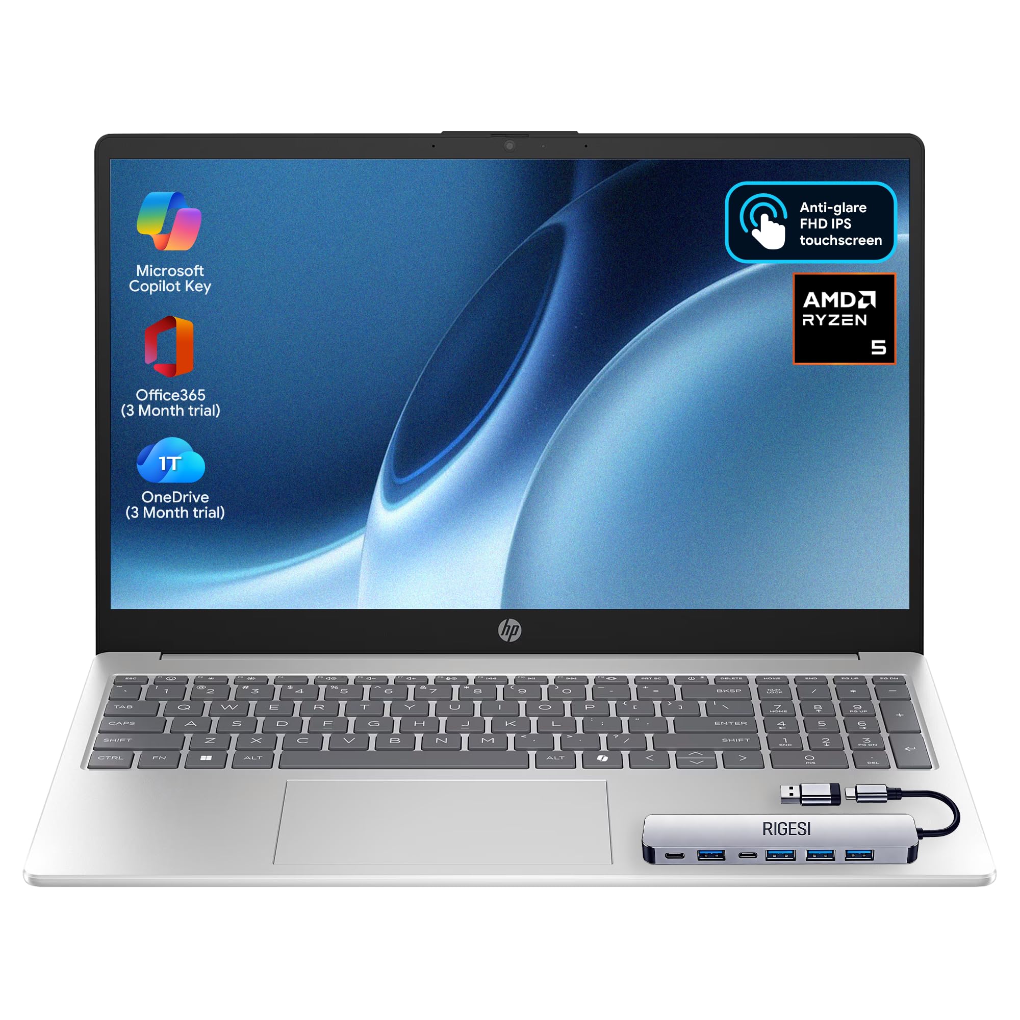 HP 15.6" FHD Touchscreen Laptop – AMD Ryzen 5 7520U (Beats i7-1165G7), 8GB DDR5 RAM, 128GB SSD, 3-Month Office 365 Trial, Windows 11 Pro, WiFi 6, HD Camera – with Docking Station Included