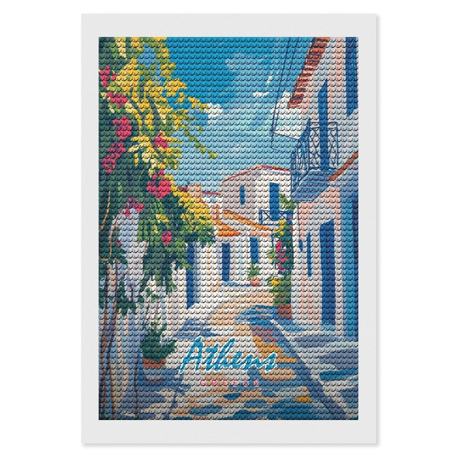 Junmoney Athens Greece Street Painting Diamond Painting Set 8"x12", Arts and Crafts, Wall Art Gift, Full Kit Included, Relaxing Handmade Project