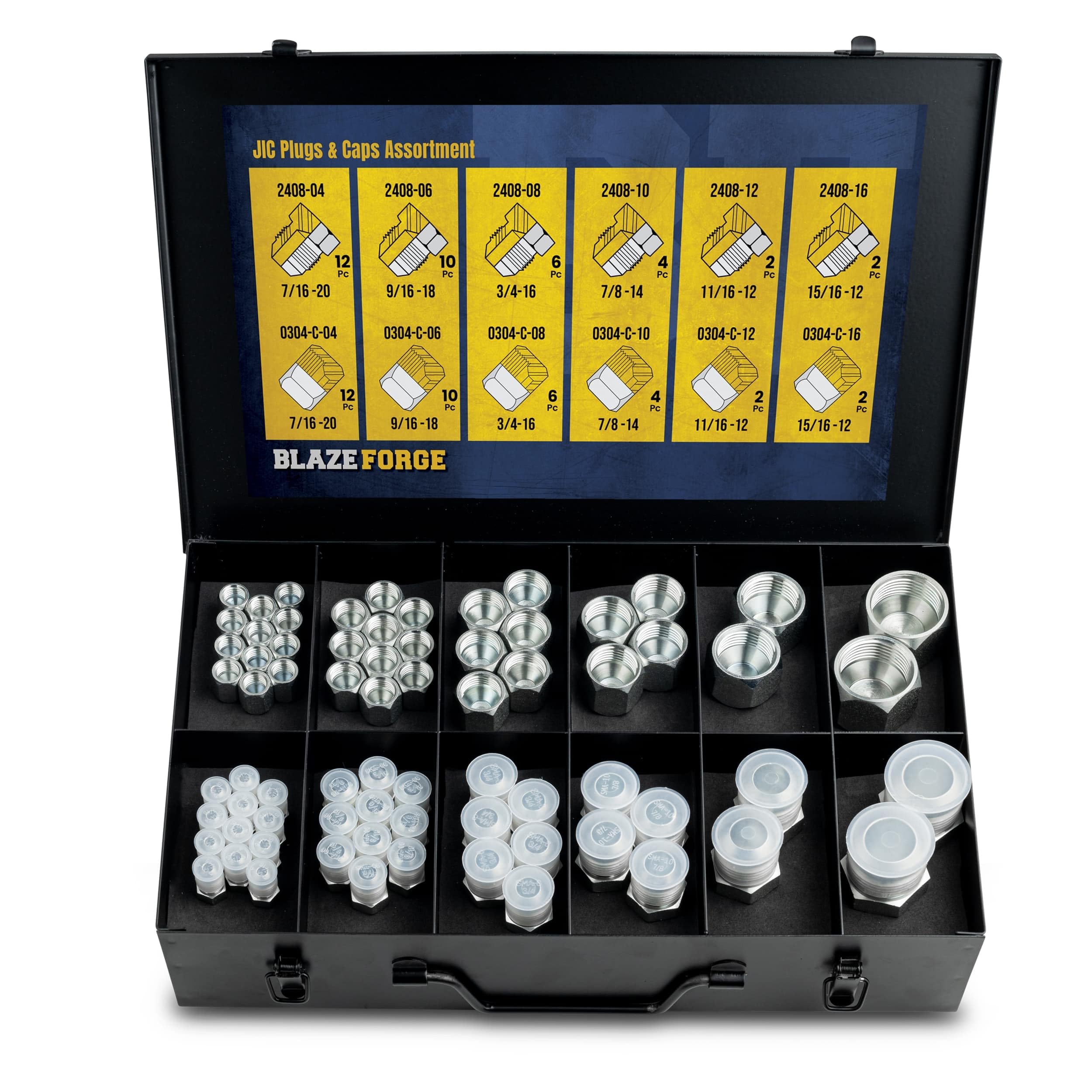 72 Pcs JIC Plug and Cap Kit - Hydraulic Fitting Assortment, AN Flare Thread Caps and Plugs, Adapter Fittings Set for Industrial Equipment, Hose & Tube System Maintenance - Dash Sizes 4 6 8 10 12 16