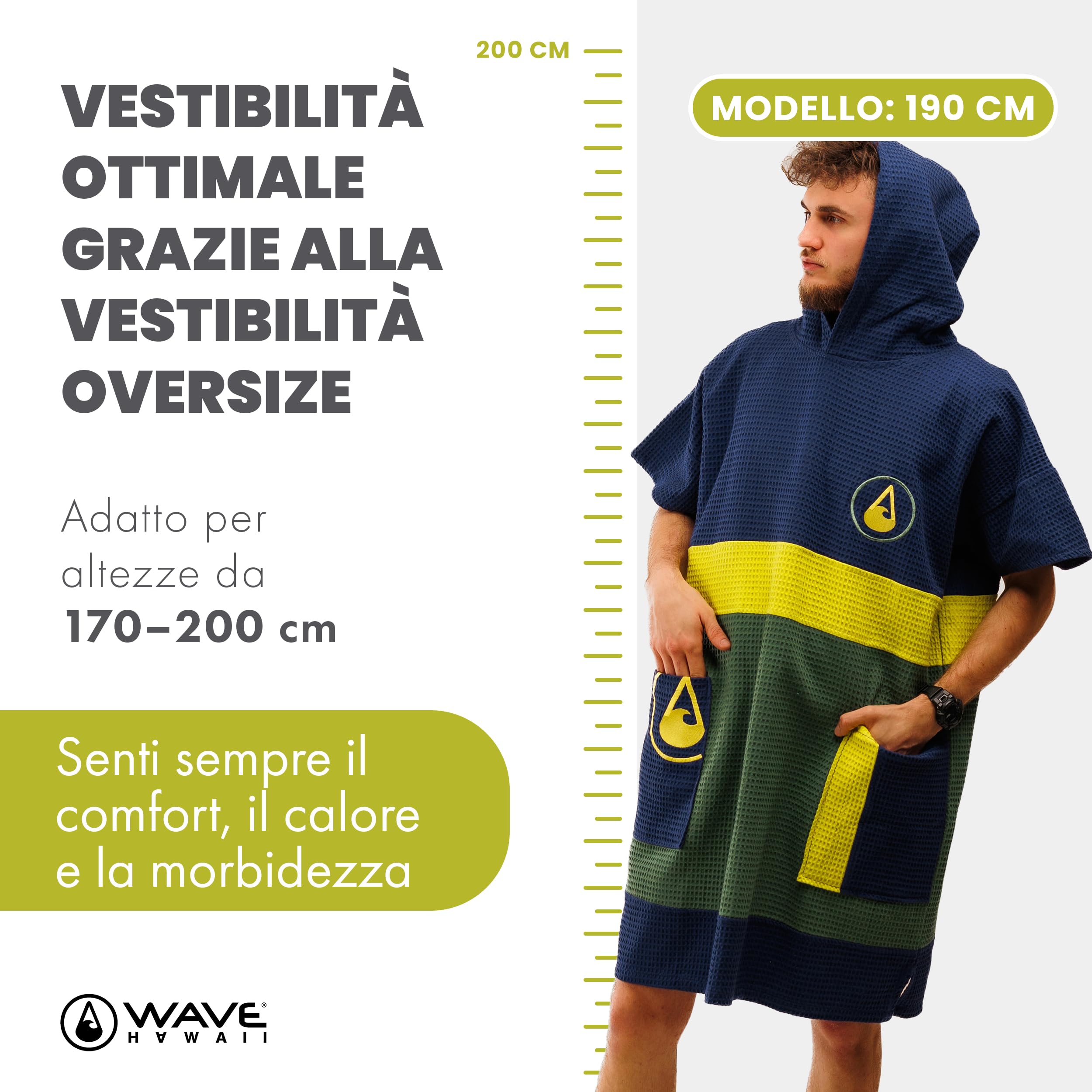 WAVE HAWAII Travel-Poncho da surf donna & uomo L-XL, 171-197 cm | 100% cotone, poncho mare assorbente per cambiarsi, spiaggia, surf, sauna & sport acquatici