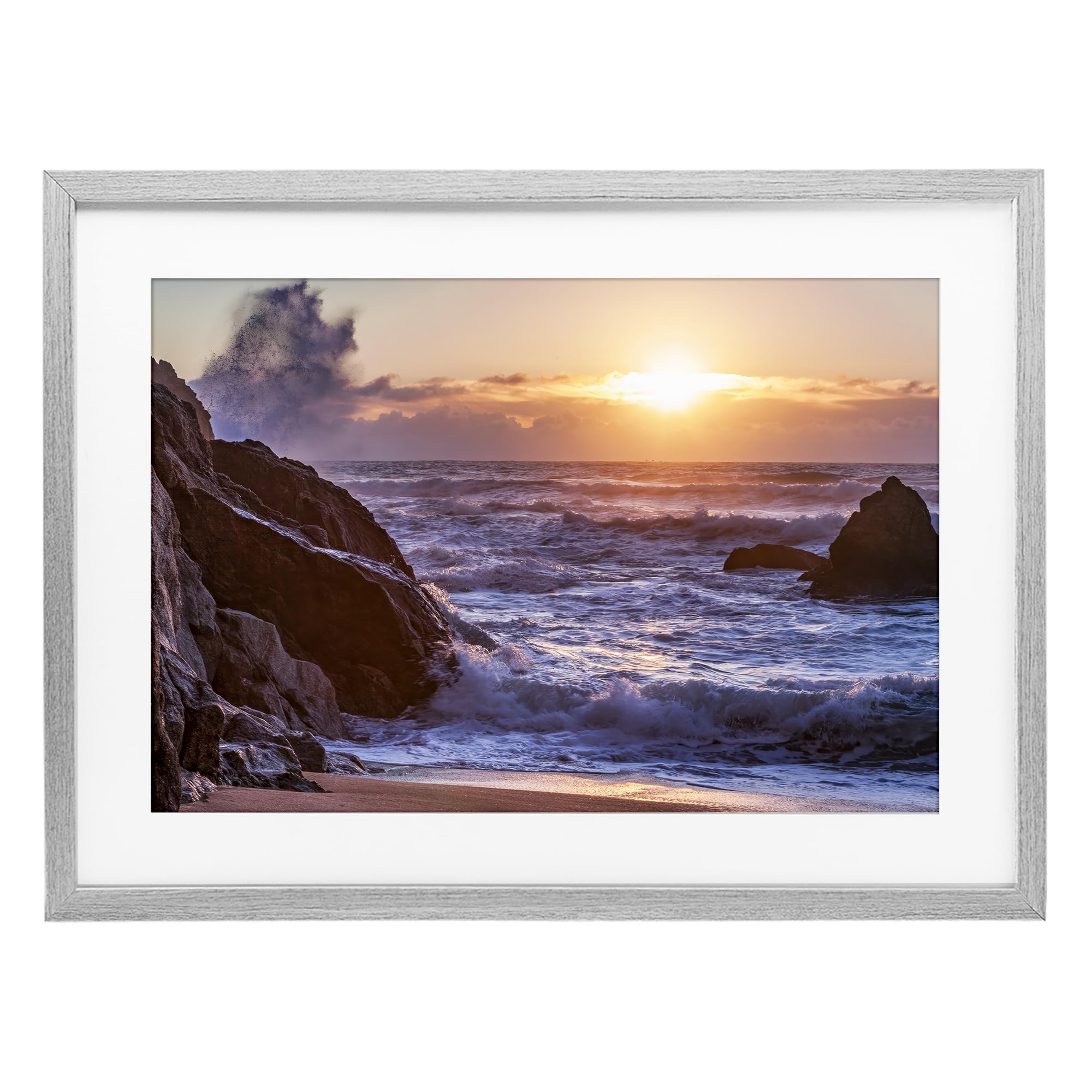 Stupell Industries Farmhouse Gray (Textured) Rocky Shore Sunset Ocean Landscape, 17 X 23 Inch Framed Print Under Glass