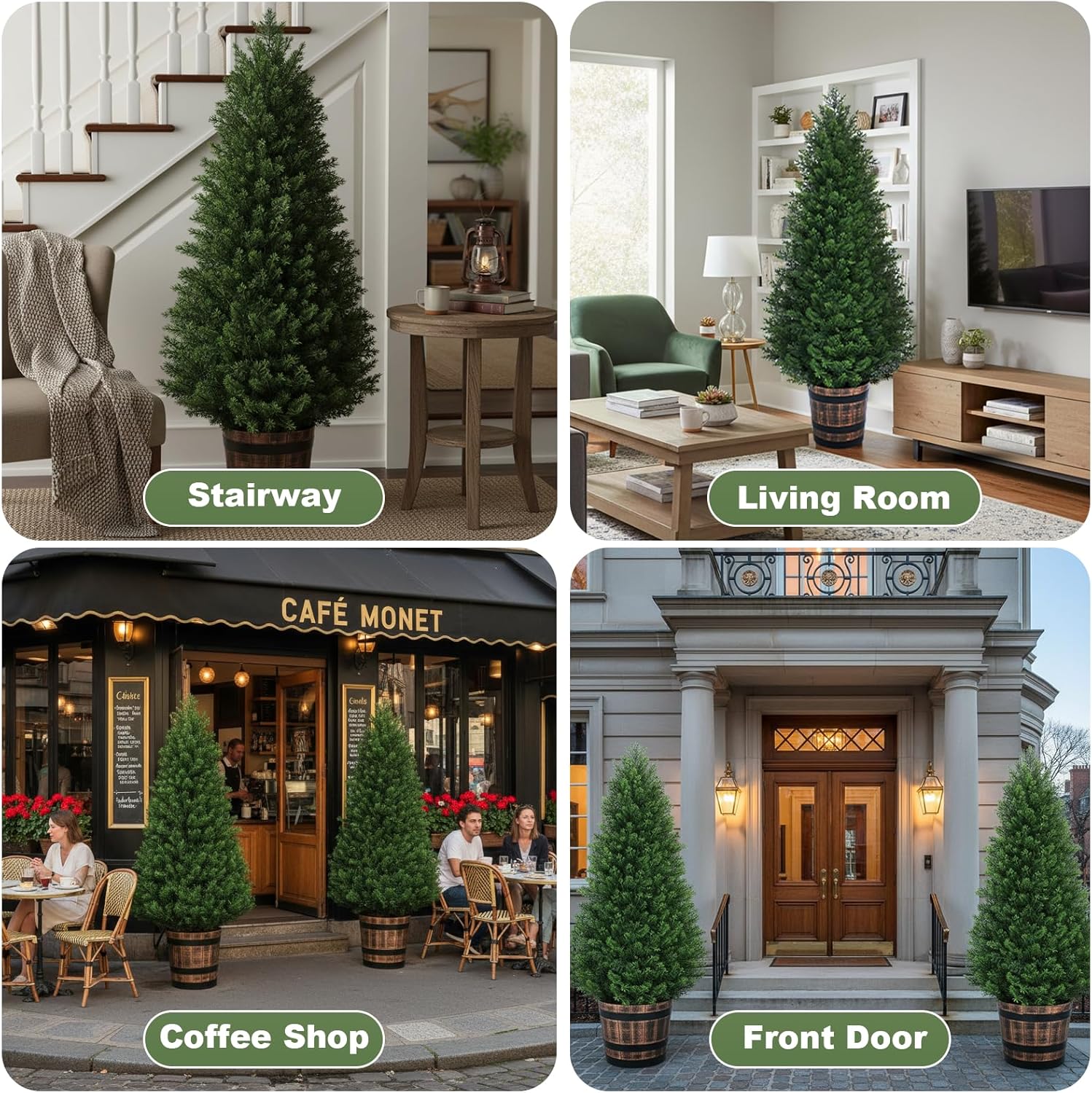 Set of 2 Artificial Cedar Topiary Trees - 4FT Faux Pine Shrubs with Barrel Planter, Fake Cypress Evergreen Plants for Home Office Front Door Porch Decor