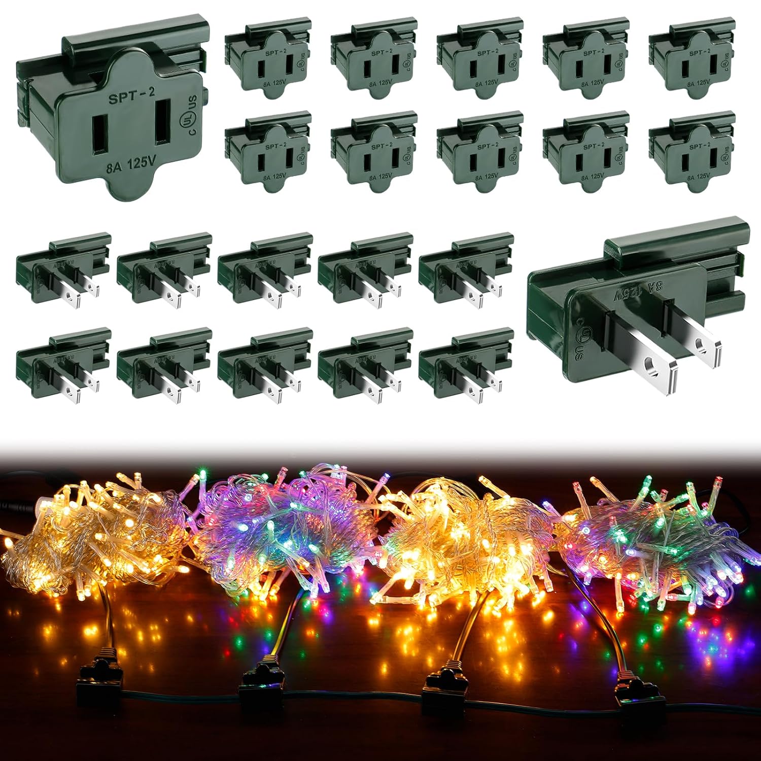 50 Sets High-Quality SPT-1 Vampire Plugs - UL Certified Slip and Slide Plugs Male Female for Christmas Lights, Extension Cord Zip Plugs Adapter Replacement for Xmas Blinker Holiday Party, Green