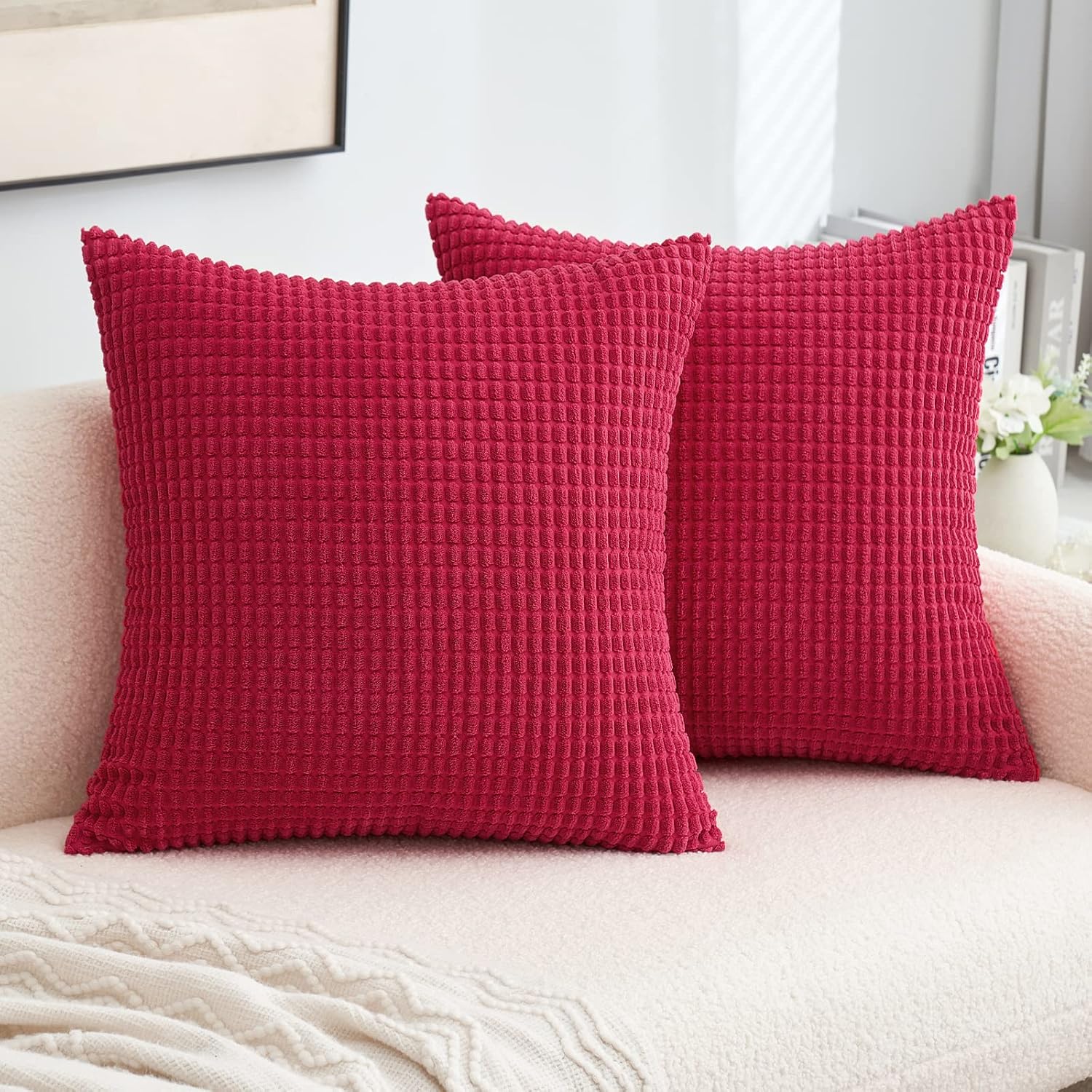 MIULEE Pack of 2 Pillow Covers 20 x 20 Inch Magenta Red Super Soft Corduroy