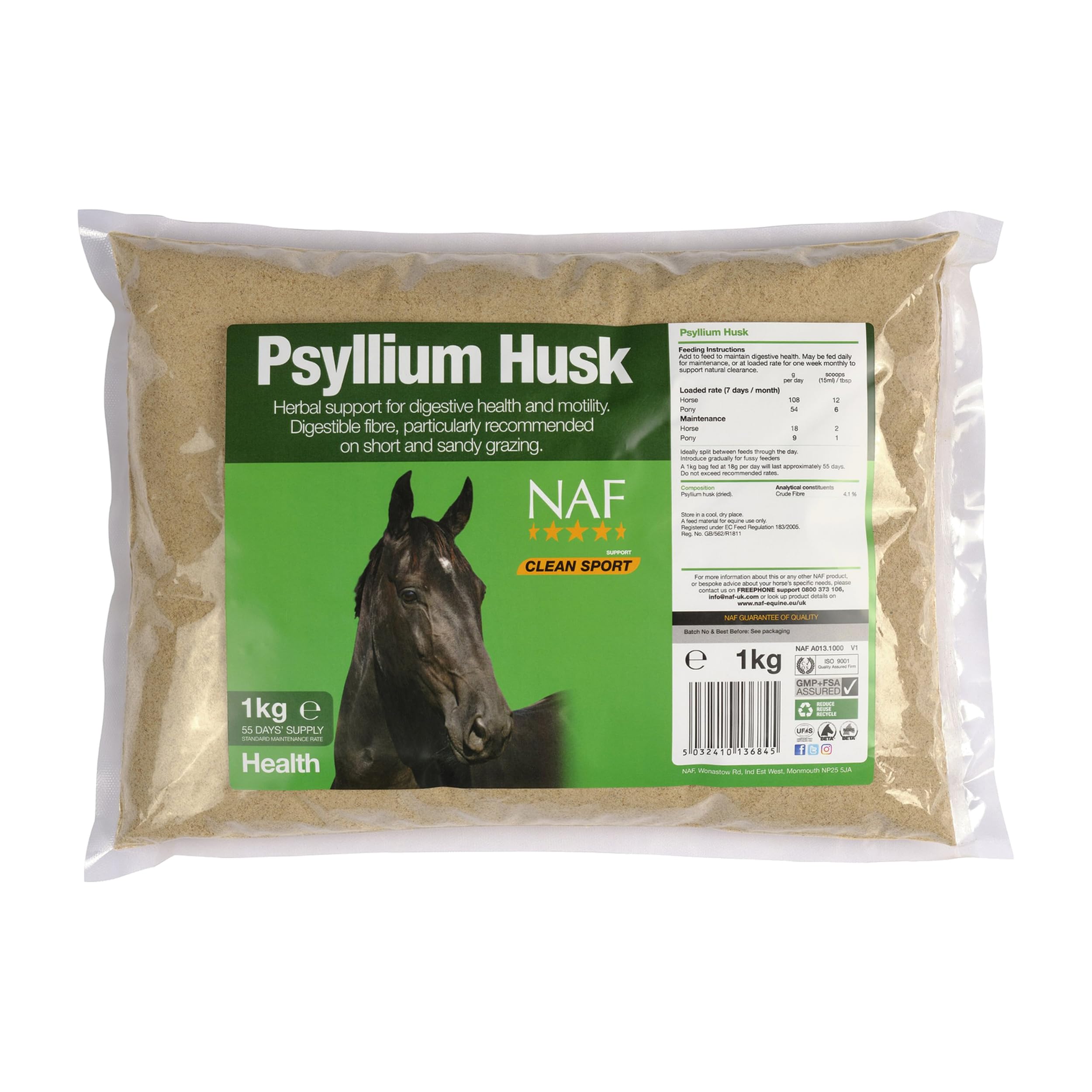 NAF Flohsamenschalen-Pulver 1 kg – Verdauungsunterstützung für Pferde & Ponys | Natürliches Ballaststoff-Ergänzungsfutter zur Sandausscheidung & Darmgesundheit auf sandigen Weiden