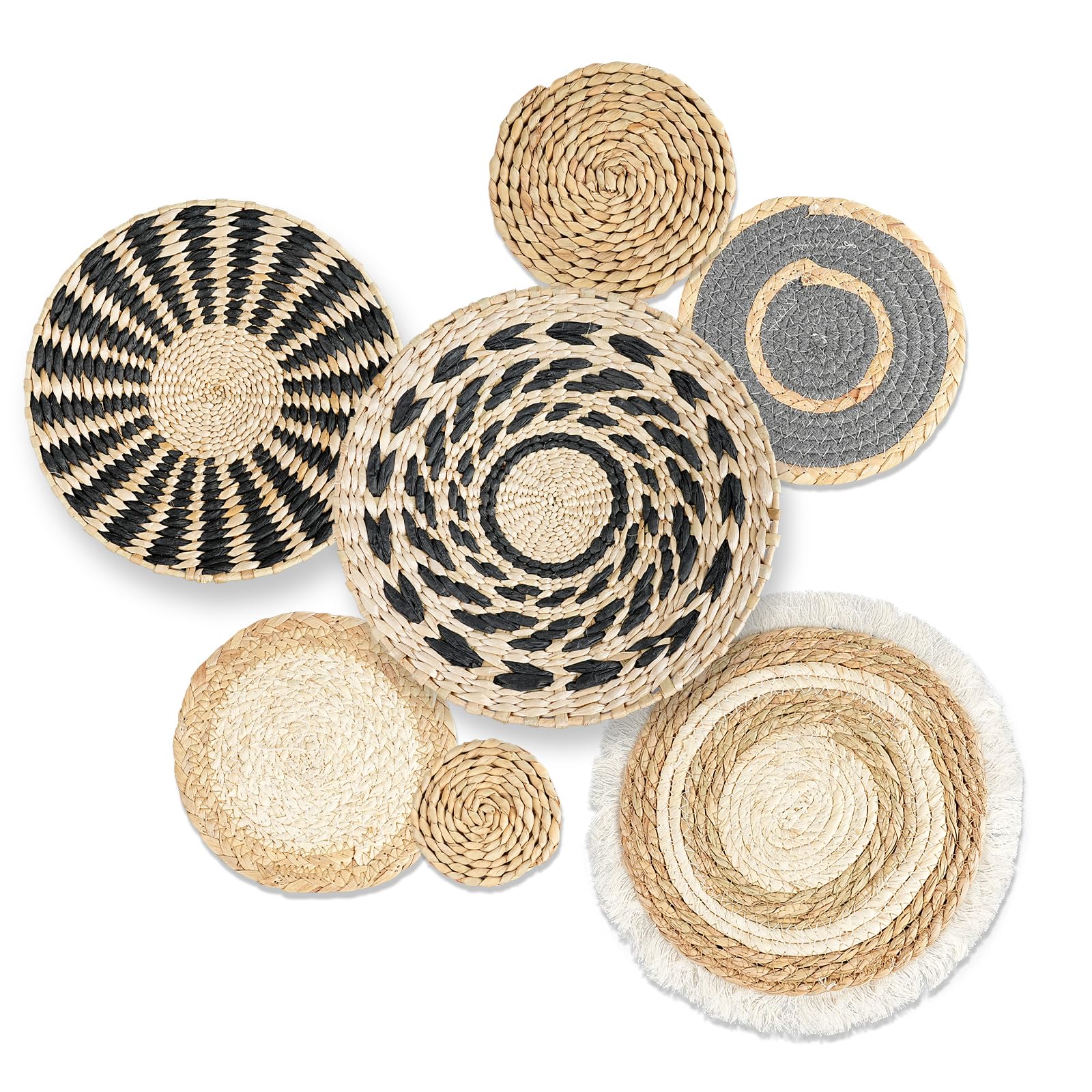 Alongen Boho Wall Basket Decor Set Of 7, Wall Hanging Wicker Basket Rattan Wall Decor Round