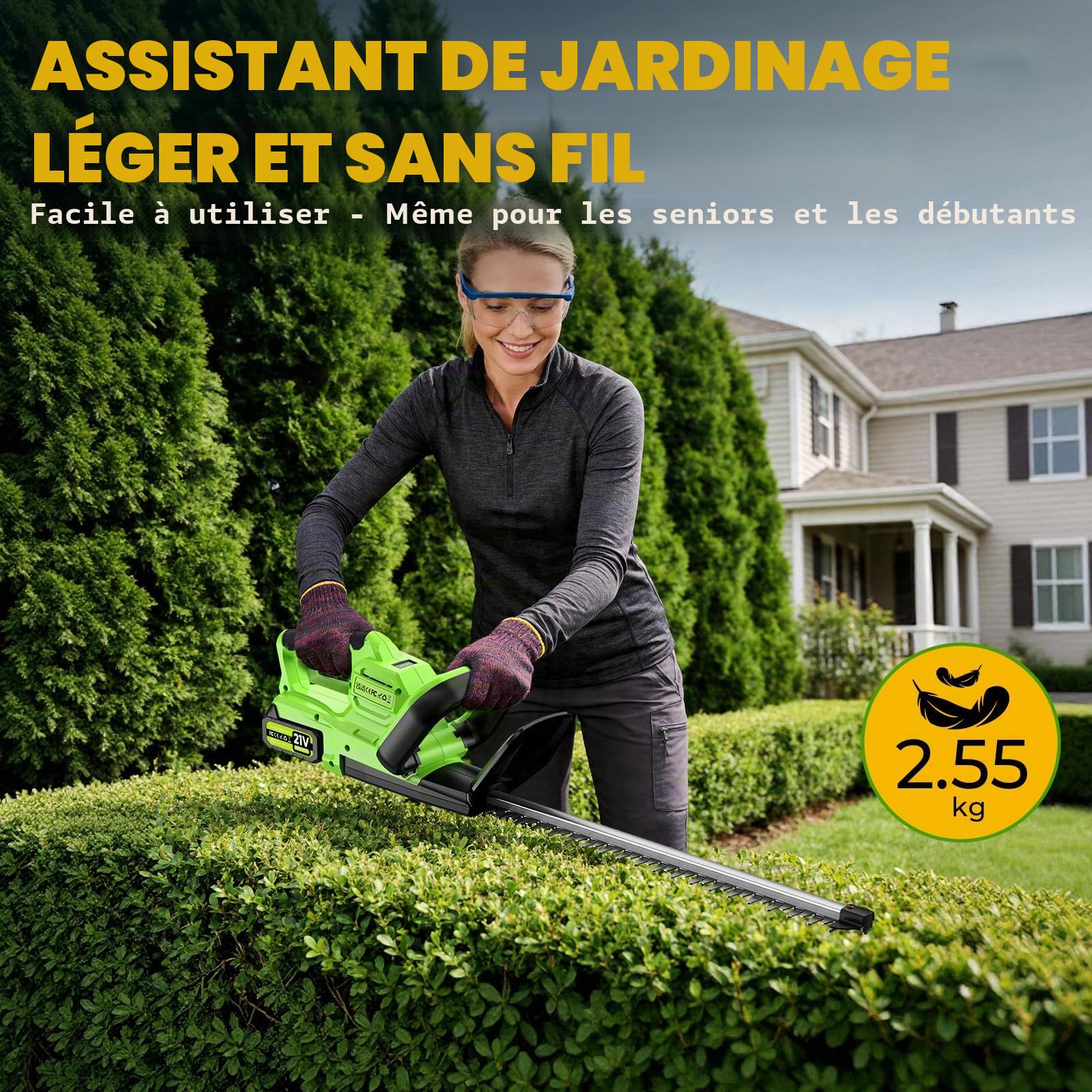 Taille Haie Batterie 21 V, 1200W Moteur, 2 x 4000 mAh Batteries, Lame 50 cm, Écartement de 16 Mm, Double Action, Taille Haies sans Fil avec Lame en Acier 70MN4&Protège pour Le Jardin et Les Arbustes