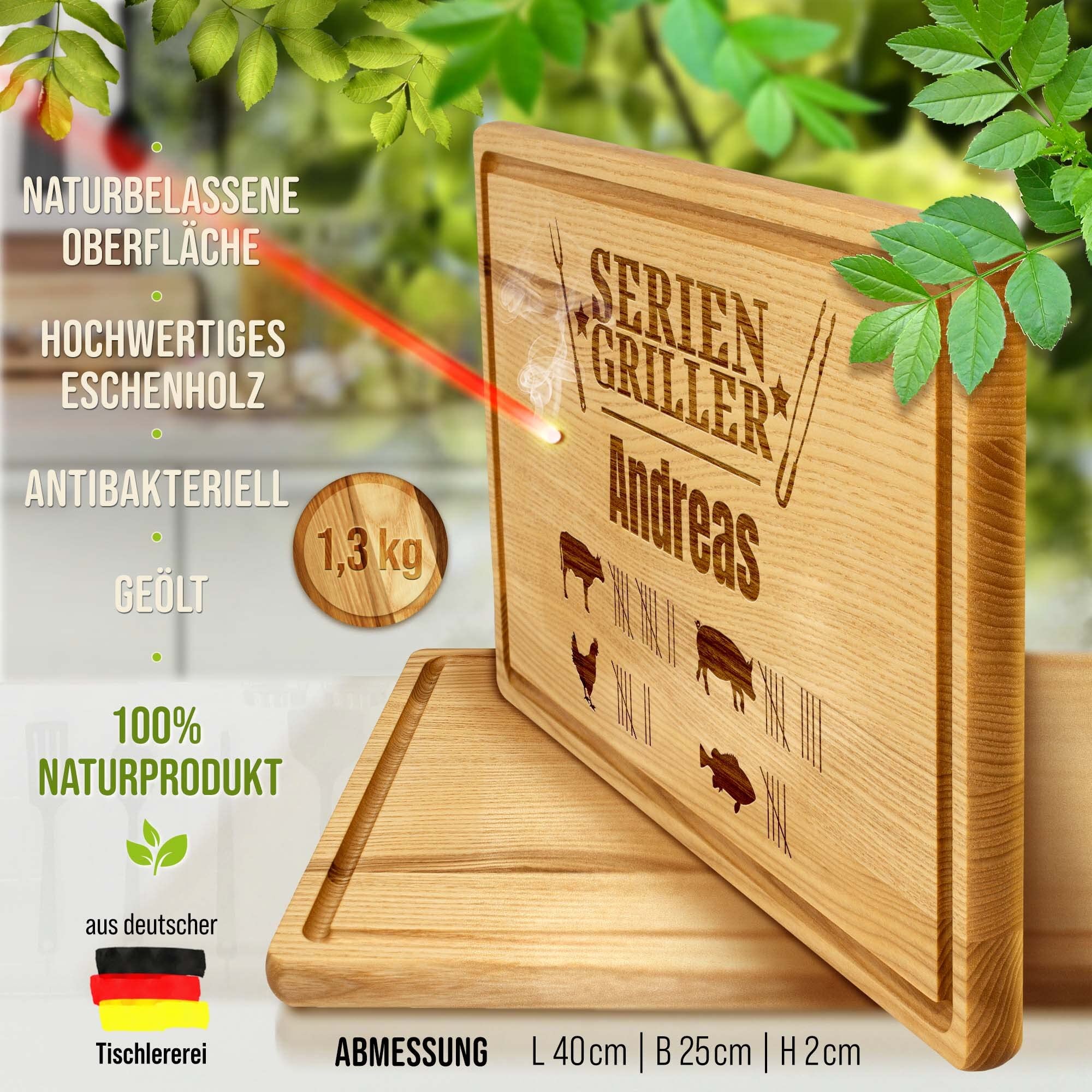 PR Print Royal Großes Holzbrett mit Gravur - Schneidebrett personalisiert mit Name - Seriengriller - Geschenke für Grillfans zum Geburtstag | Eschenholz, 40 x 25 x 2 cm, personalisiertes Geschenk
