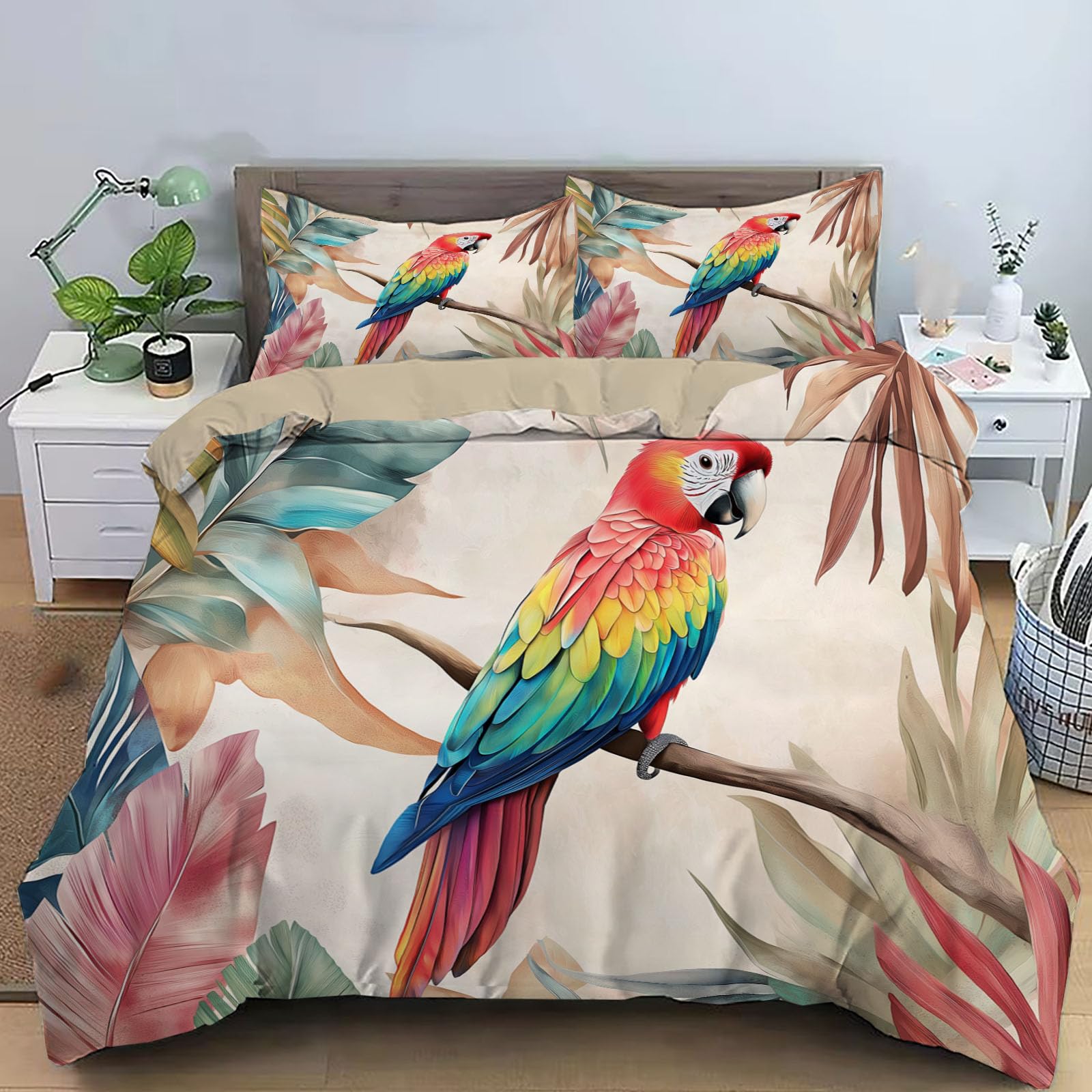 Housse de couette perroquet 260x240 cm parure de lit tropicale réversible imprimé rétro brun