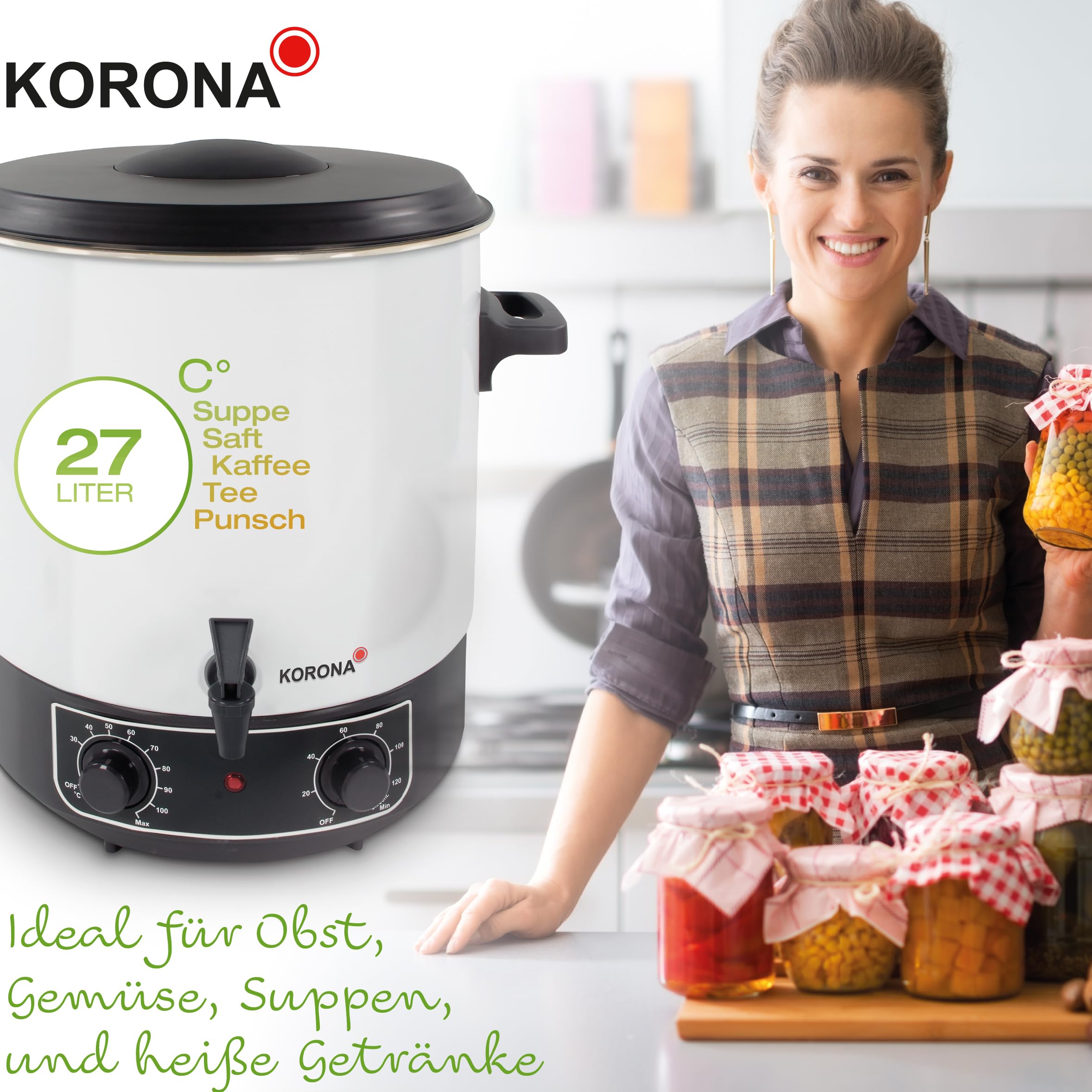 Korona 48100 | 2 in 1 Einkochautomat und Heißgetränkespender mit Timerfunktion | 1800 Watt | 27 Liter | Praktischer Ablasshahn | Inkl. Einlegegitter, Weiss