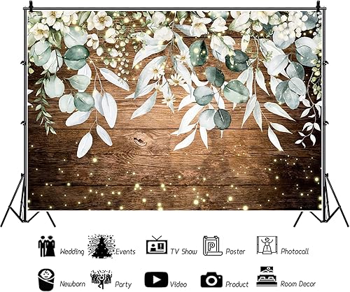 Miniatura 5 de AWERT Telón de fondo rústico de madera floral de 10 x 8 pies, acuarela vegetación blanca, tablones de madera marrón vintage, fondo de fotografía,