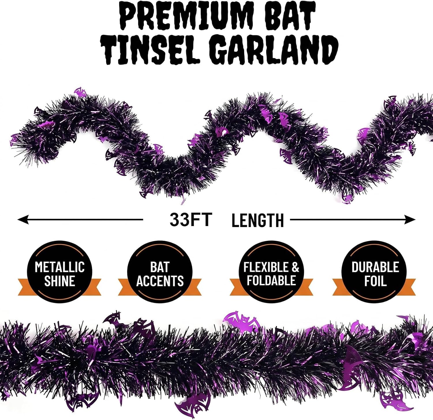 Halloween Purple Bat Tinsel Garland 32.8ft Twist Party Decor