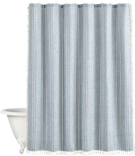 Miniatura 4 de RoomTalks Cortina de ducha moderna azul de 84 pulgadas de largo, decoración de baño, estilo bohemio, elegante, de lino, con ganchos