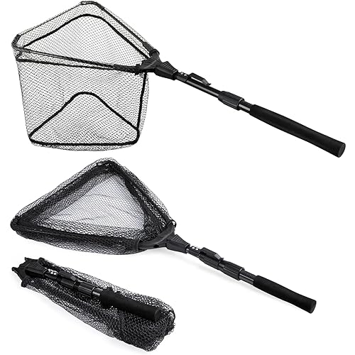 PLUSINNO Fishing Net Fish Landing Net, Foldable Collapsible Telescopic Pole Handle, Durable Nylon Material Mesh, Safe Fish Catching or Releasing