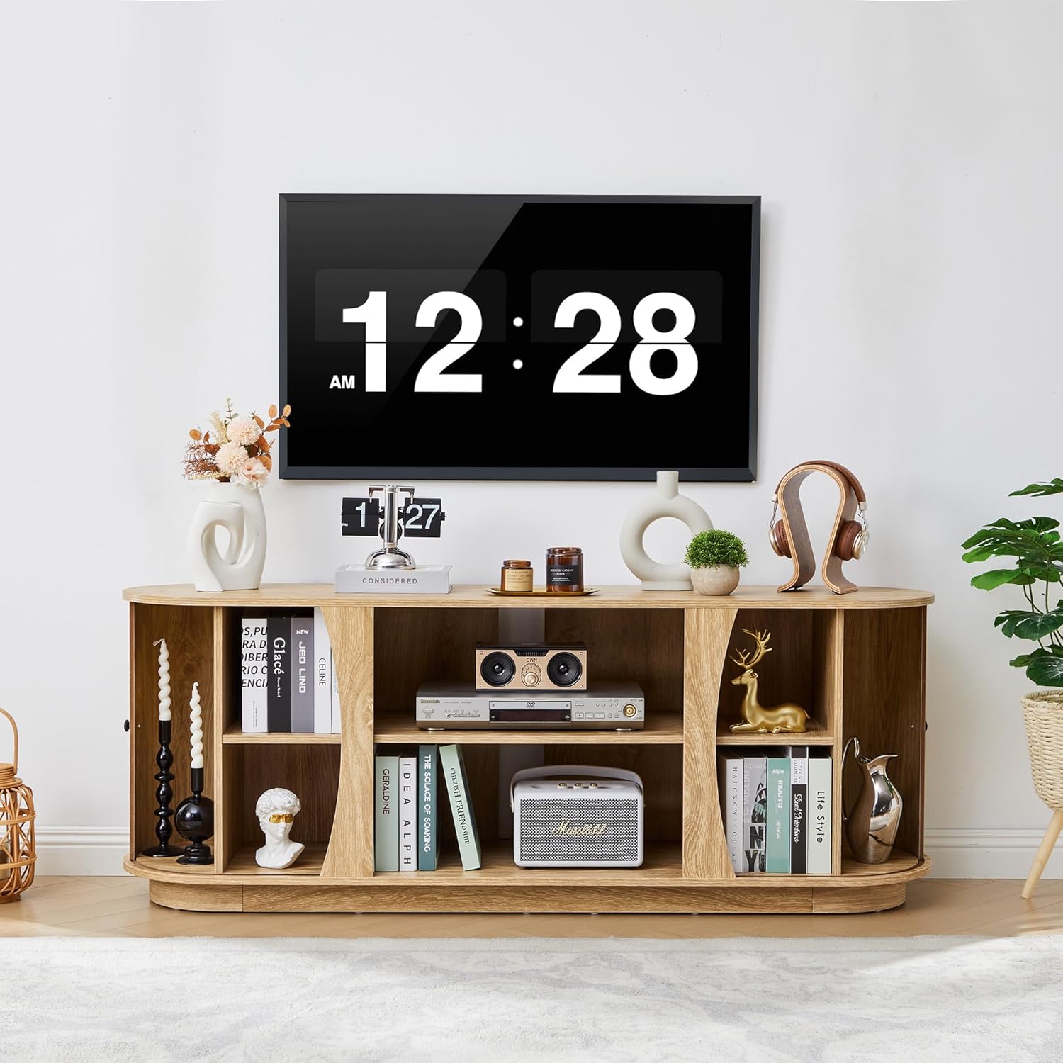 Turtle & Myrtle 63" Mid Century Modern TV Stand for Tvs up to 70", Fluted TV Media Console Table with Storage and Adjustable Shelves, Curved Edge Entertainment Center for Living Room(Natural) - Image 5