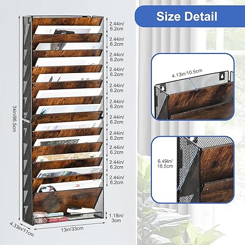 Miniatura 21 de Organizador de archivos de pared de 10 niveles, organizador de correo de madera, soporte para revistas, documentos de papel, cesta de almacenamiento
