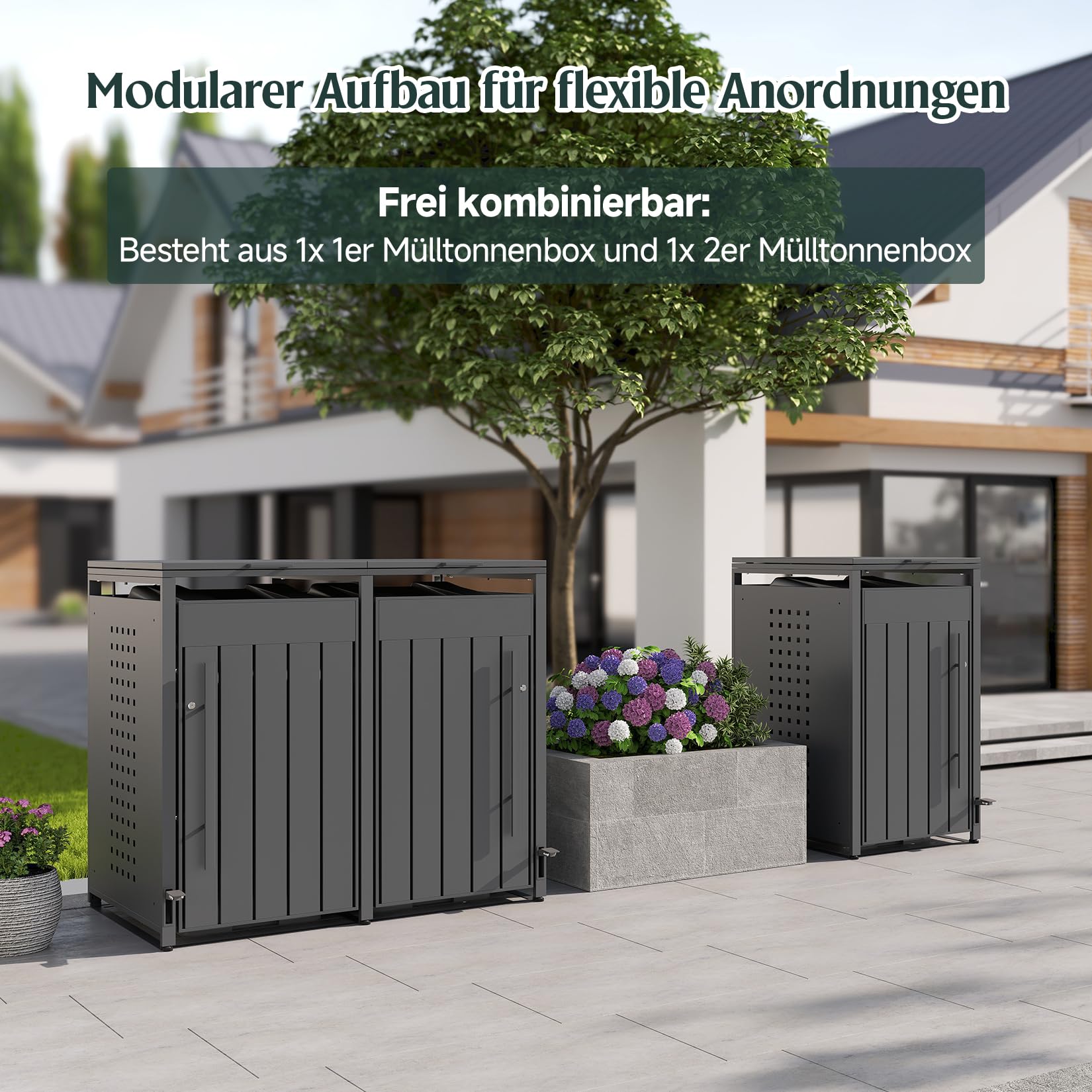 OMERAI Premium Mülltonnenbox 3er 240L mit Fußpedal - Anthrazit Verzinkter Stahl - Automatikdeckel mit Softclose & Schloss - Mülltonnenverkleidung wetterfest & UV-beständig Gerätebox - erweiterbar