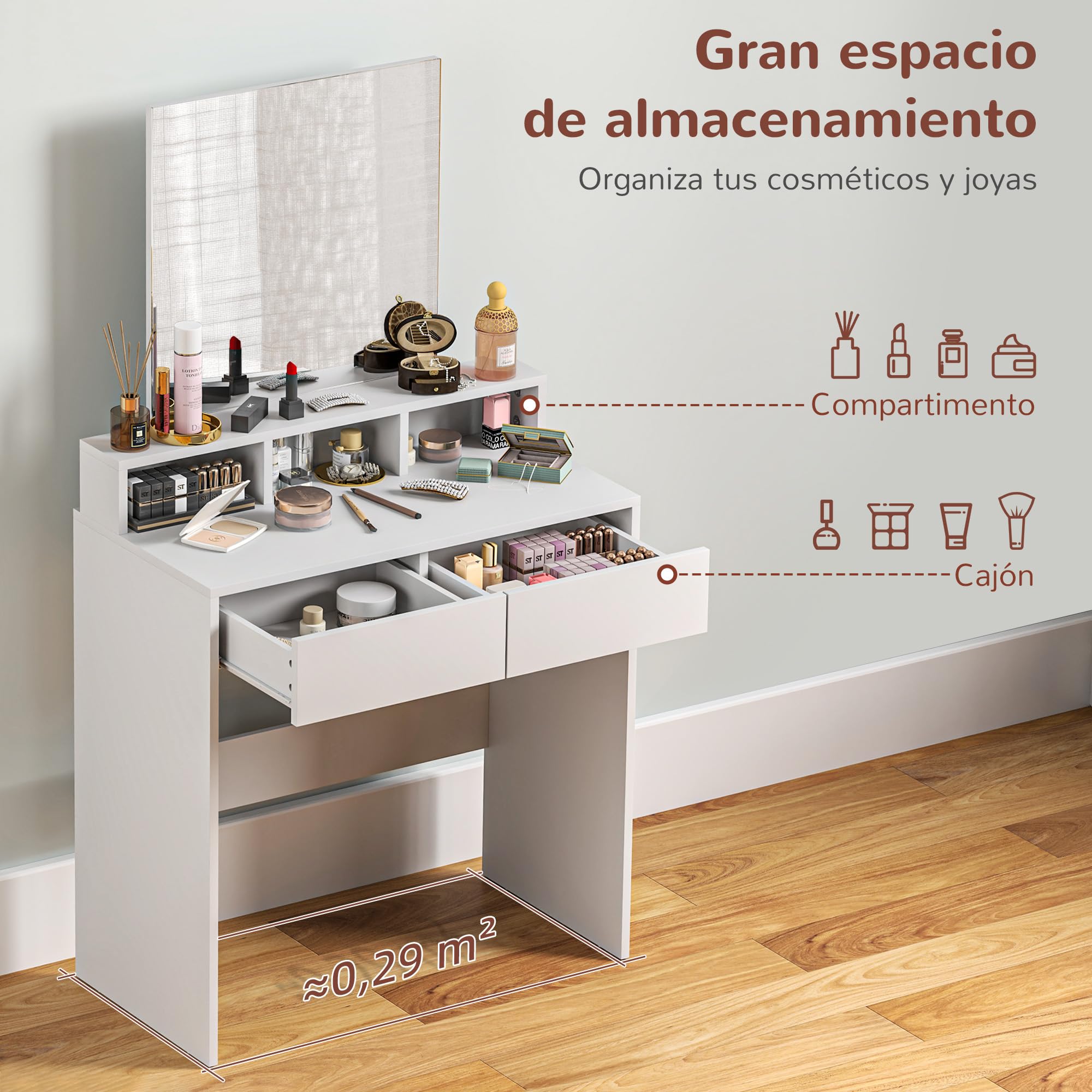 HOMCOM Tocador de Maquillaje con Espejo, 2 Cajones, 3 Compartimentos, 75x38x135 cm, Blanco