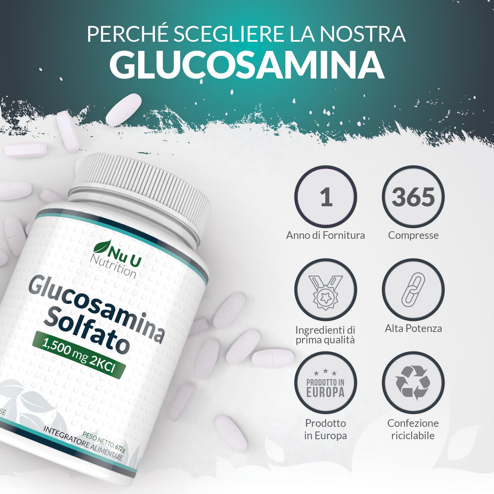 Glucosamina Solfato 1500 mg 2KCl Alto Dosaggio - 365 Compresse non Capsule - 1 Anno di Durata - Integratore per Articolazioni - Prodotto in Europa - Nu U Nutrition