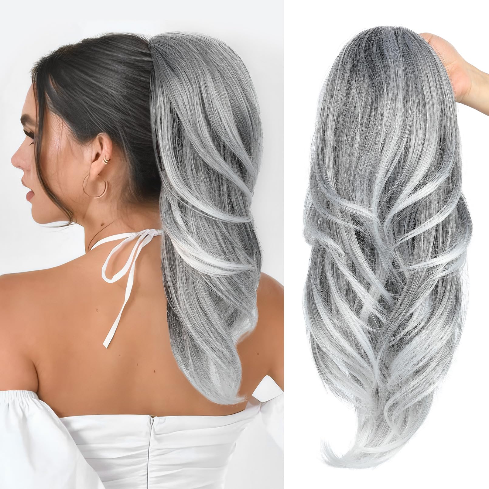 Photo 1 of SEIKEA 18" Drawstring Ponytail Extension - Silver Grey to White Wavy Hairpiece