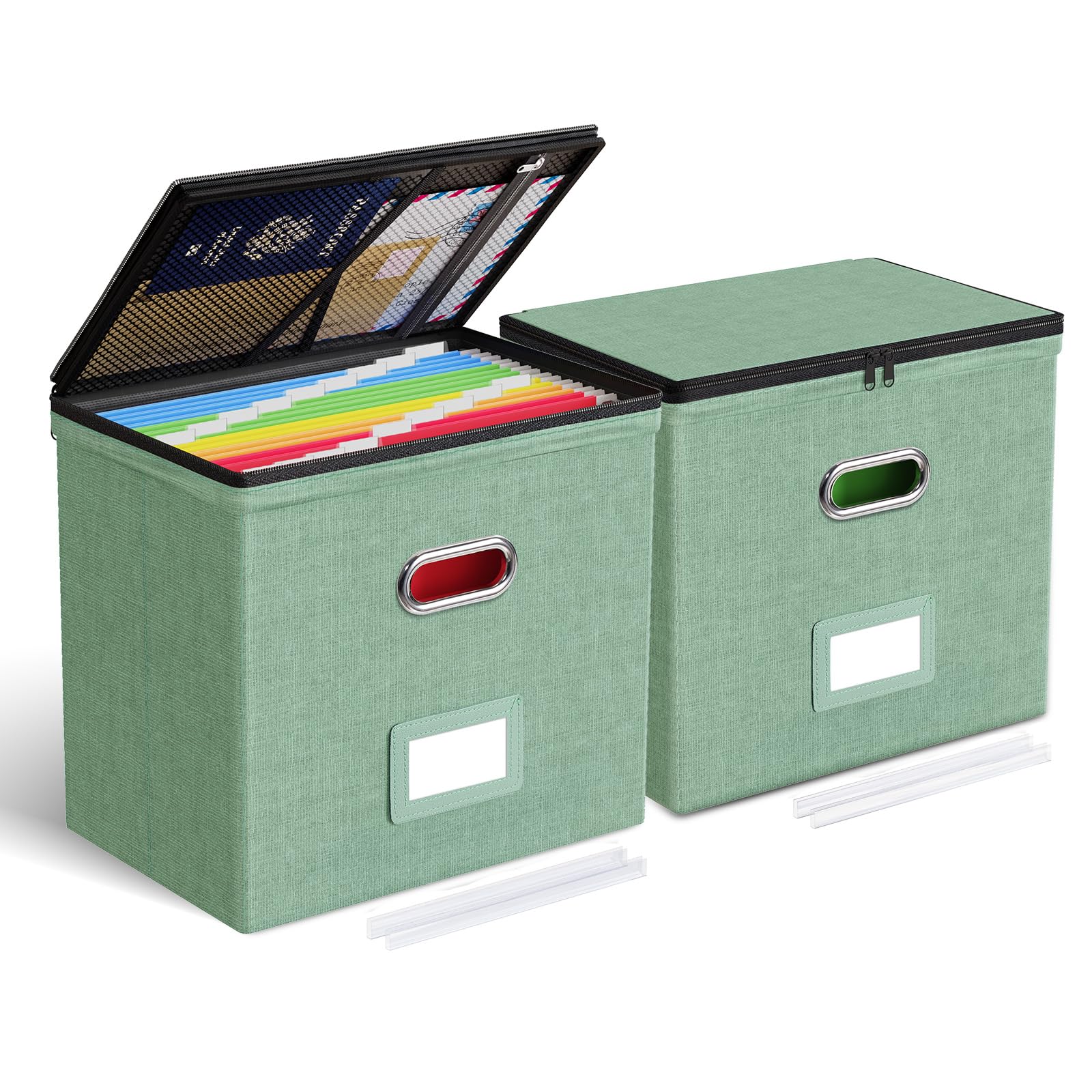 Oterri Zipper File Boxes with Lids, Letter Size File Organizer with Mesh Pockets, Portable Filing Box with Handle, Zippers Document Organizer Storage Box for Office/Home/School (2 Pcs, Green)