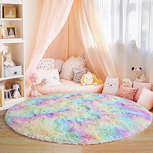 5'x5' Rainbow Round Rugs for Girls Bedroom, Ultra Soft Fluffy Circle Rug for Kids Room, Cute Shag Rugs for Living Room Playroom Tent Castle Home Decor Rug