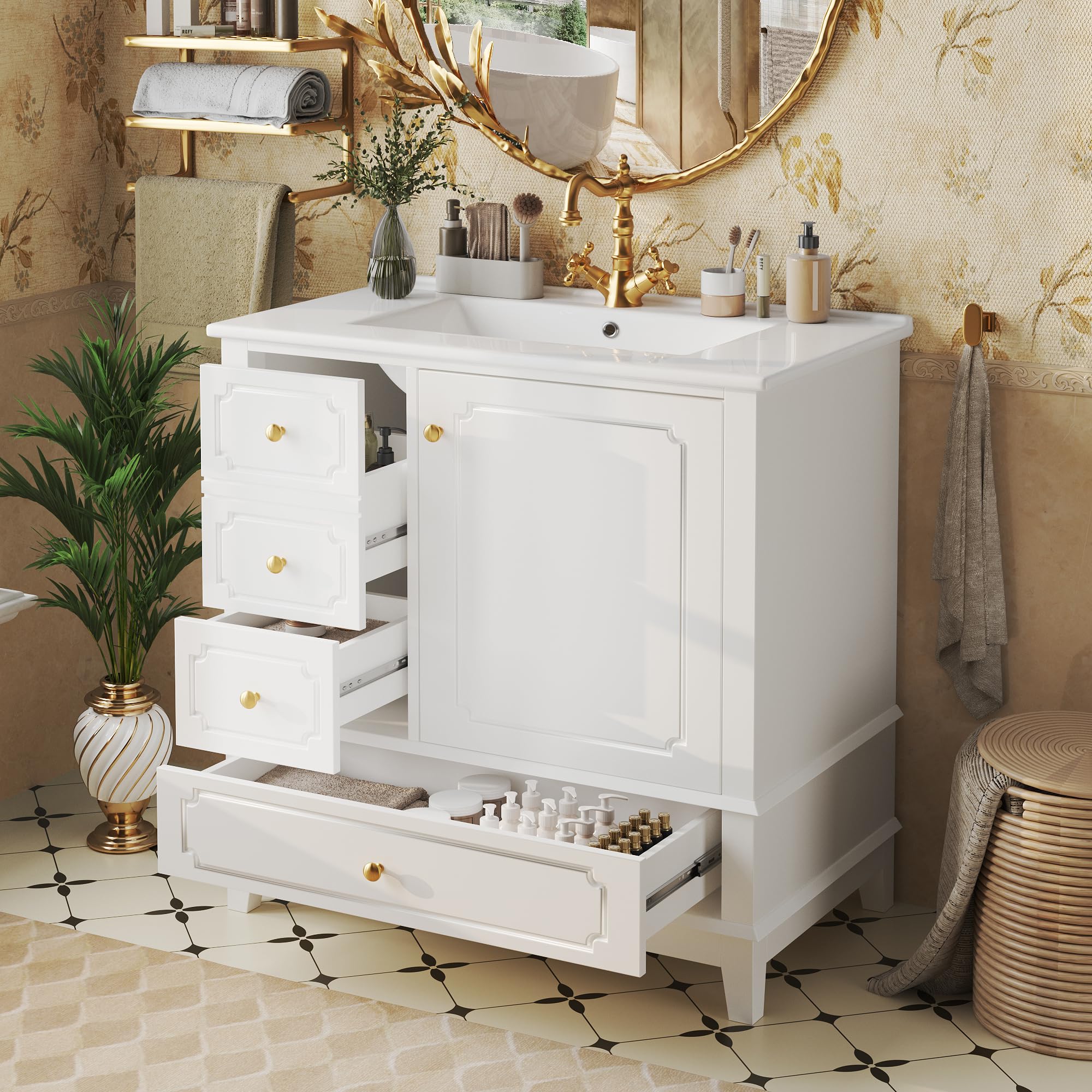 Armario para lavabo de baño, 76,5 x 47 x 87,5 cm, con lavabo de cerámica, asas doradas, antibacteriano, color blanco, con orificio de rebosadero y mucho espacio de almacenamiento