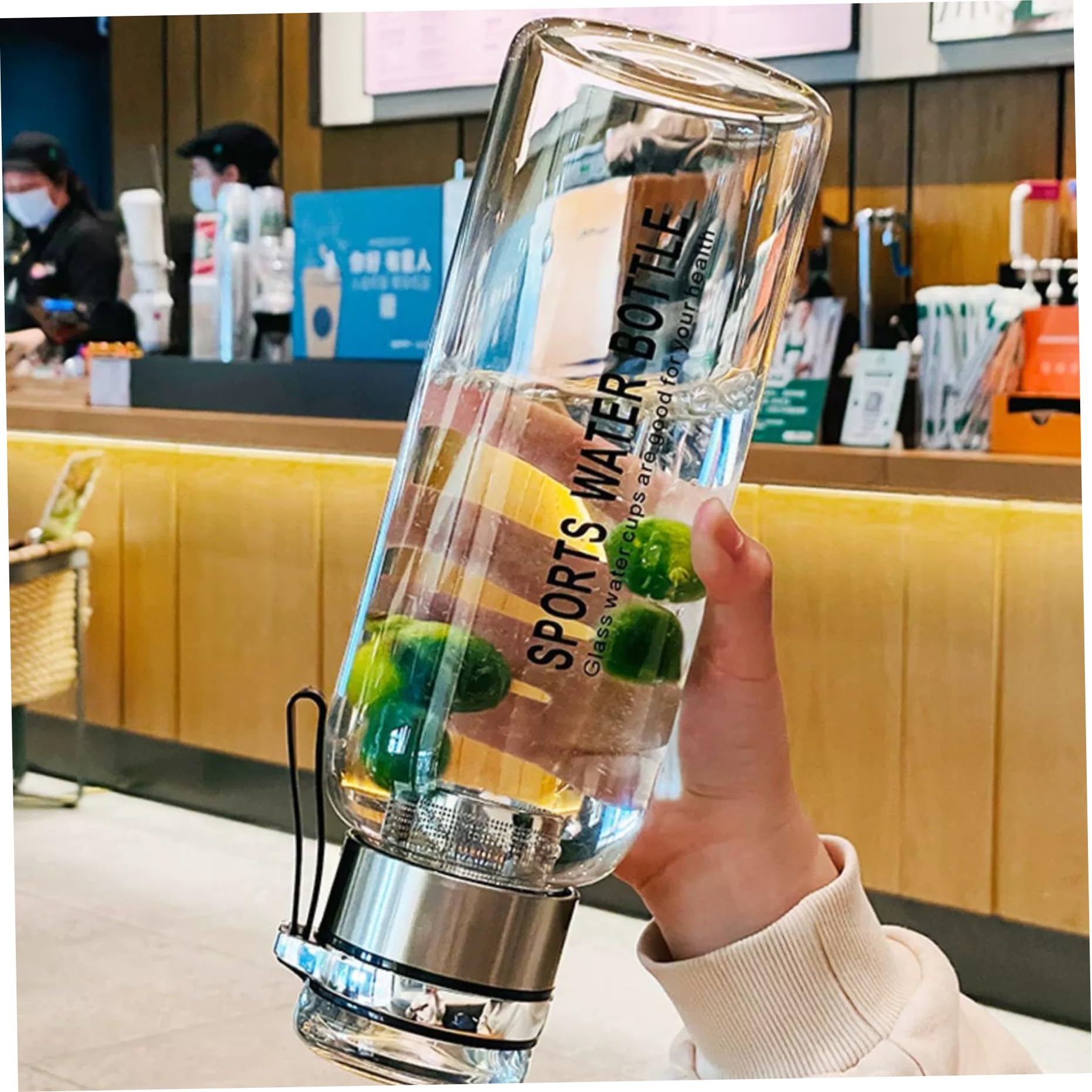 Verres à eau, bouteille d'eau en verre borosilicate, bouteilles incassables de 2 litres avec double couvercle et infuseur à thé, bouteille en verre avec sac de transport pour l'extérieur, le bureau