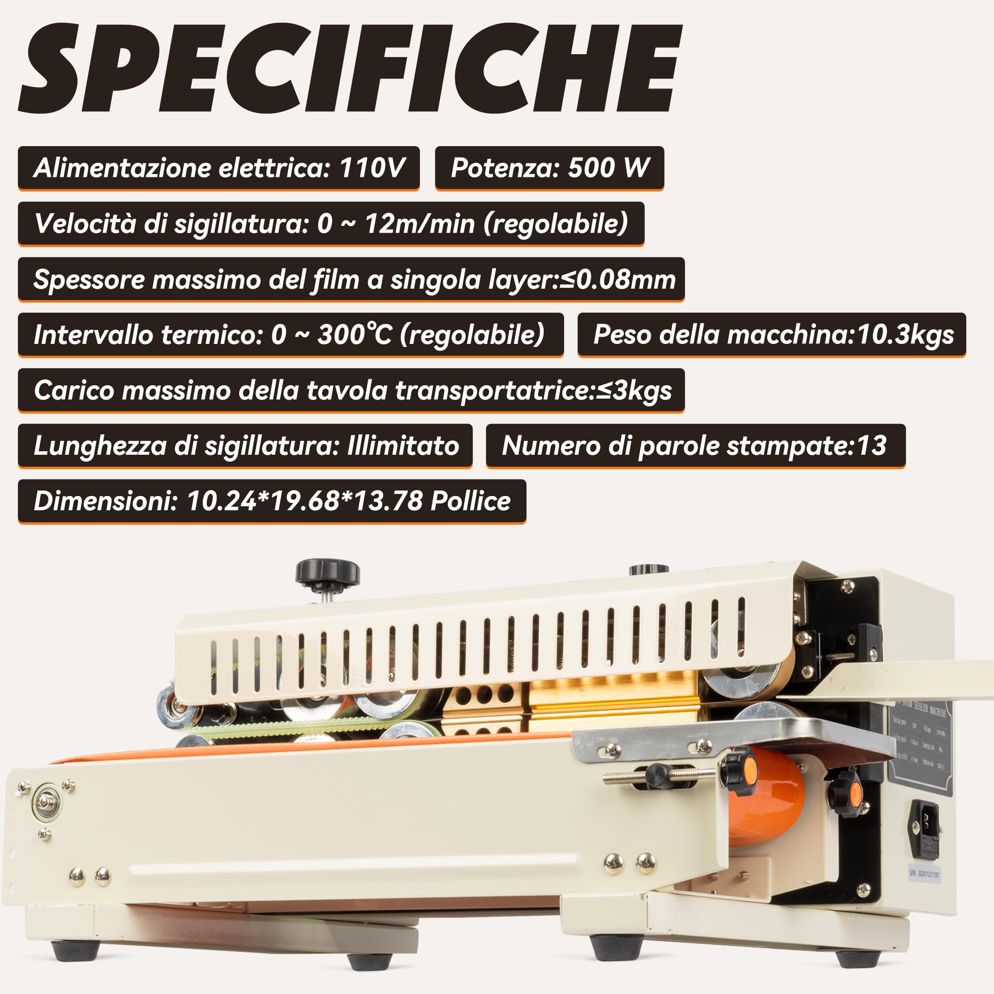 U.S. Solid Sigillatrice automatica a nastro continuo orizzontale da tavolo – Per sacchetti in PVC, spessore 0,02-0,8 mm, controllo digitale della temperatura e codifica a timbro