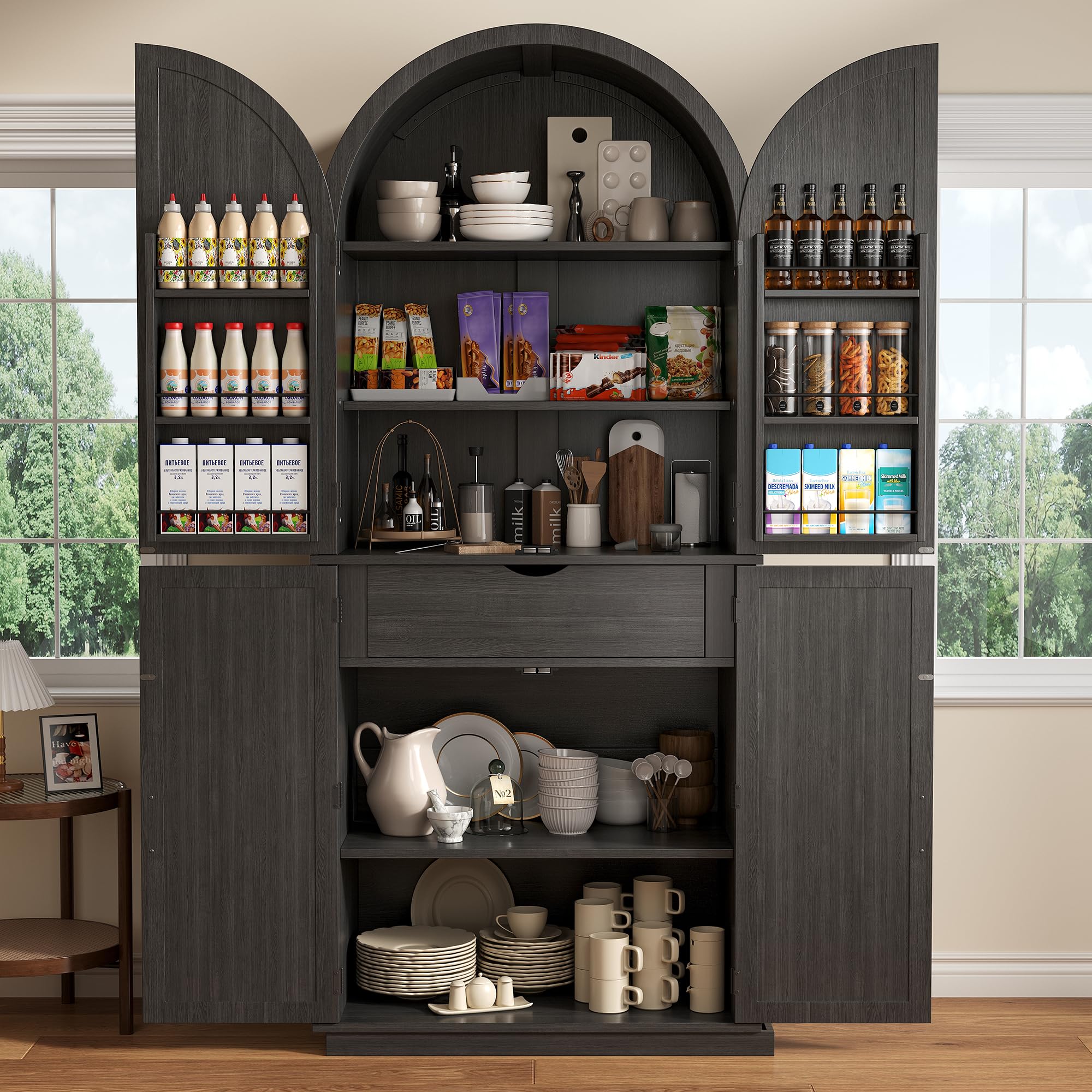 iPormis 71" Tall Arched Cabinet with Doors, Farmhouse Kitchen Pantry with 6-Tier Door Shelves &amp; Drawer &amp; Adjustable Shelves, Modern Wood Storage Cabinet for Dining, Living Room, Bathroom, Oak Grey