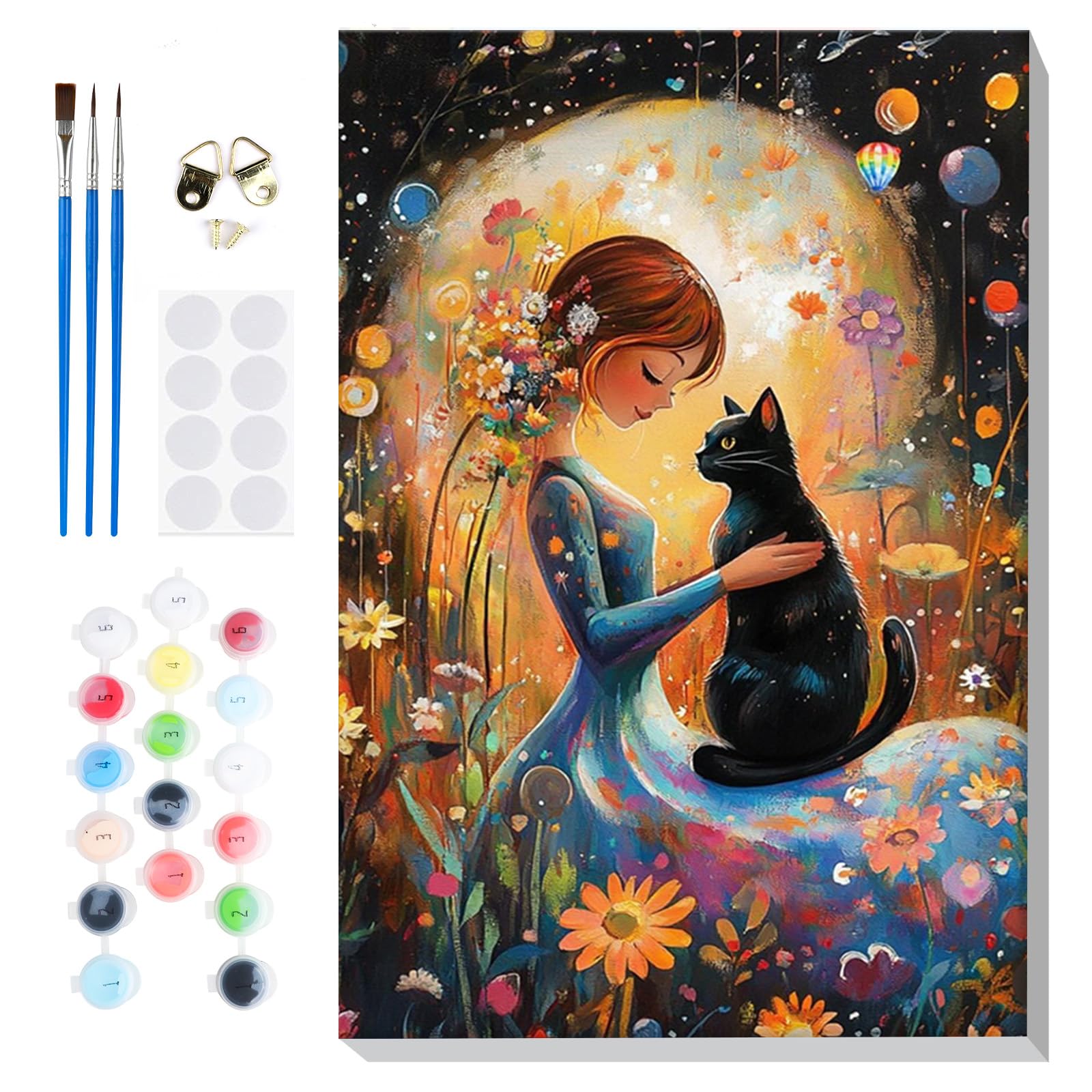 Lxmsja Fantasy Paint by Numbers for Adults Beginners with Frame, Girl with Black Cat Painting by Numbers on Canvas, DIY Acrylic Painting Art and Crafts Kit Gifts for Home Wall Decor, 8x12in