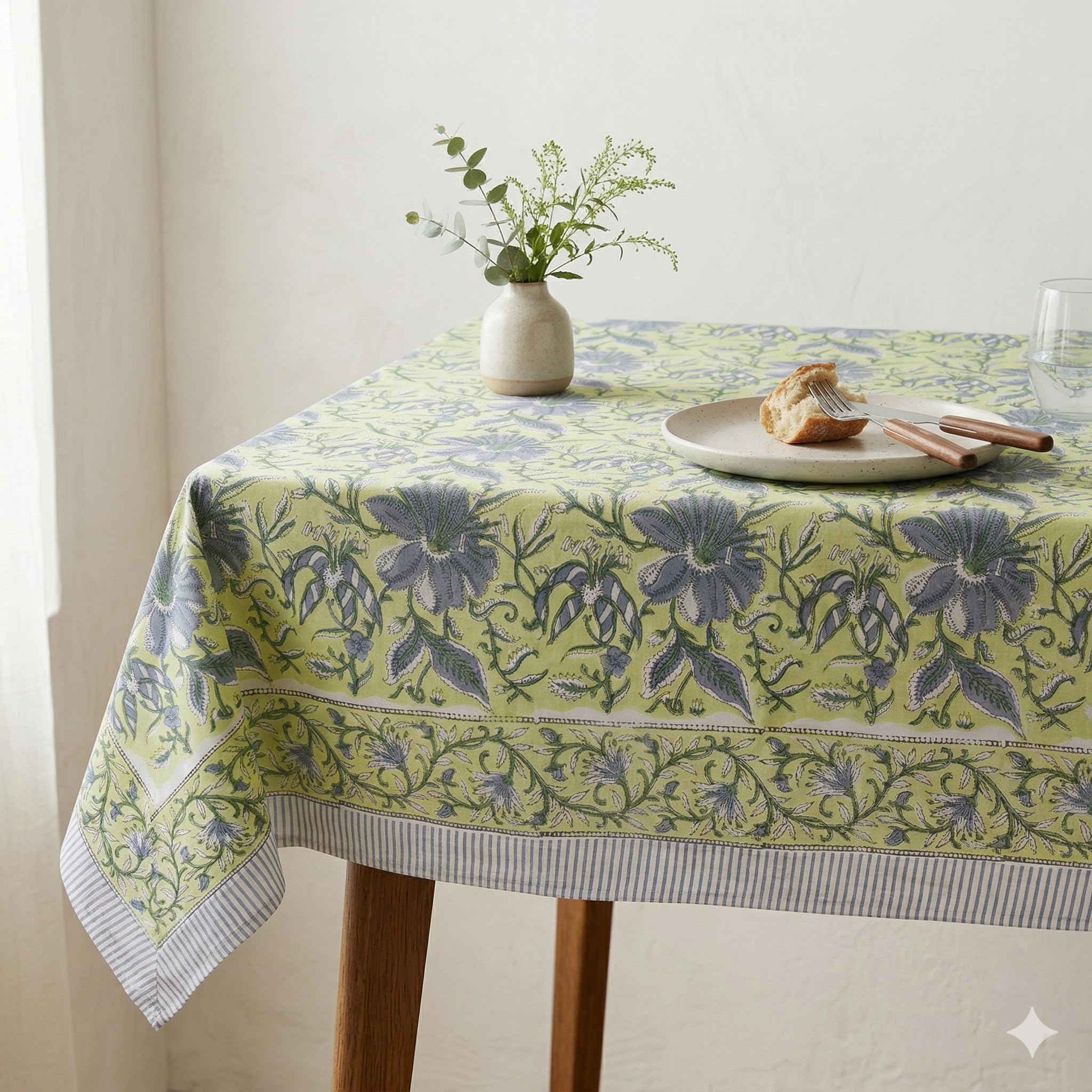 THE Unltd India Pistachio Green Cotton Rectangle Tablecloth, 150x225cm (60x90) – Hand Block Print Floral Design Cotton 6-8 Seater Table Cover for Dining, Parties – Housewarming Gift
