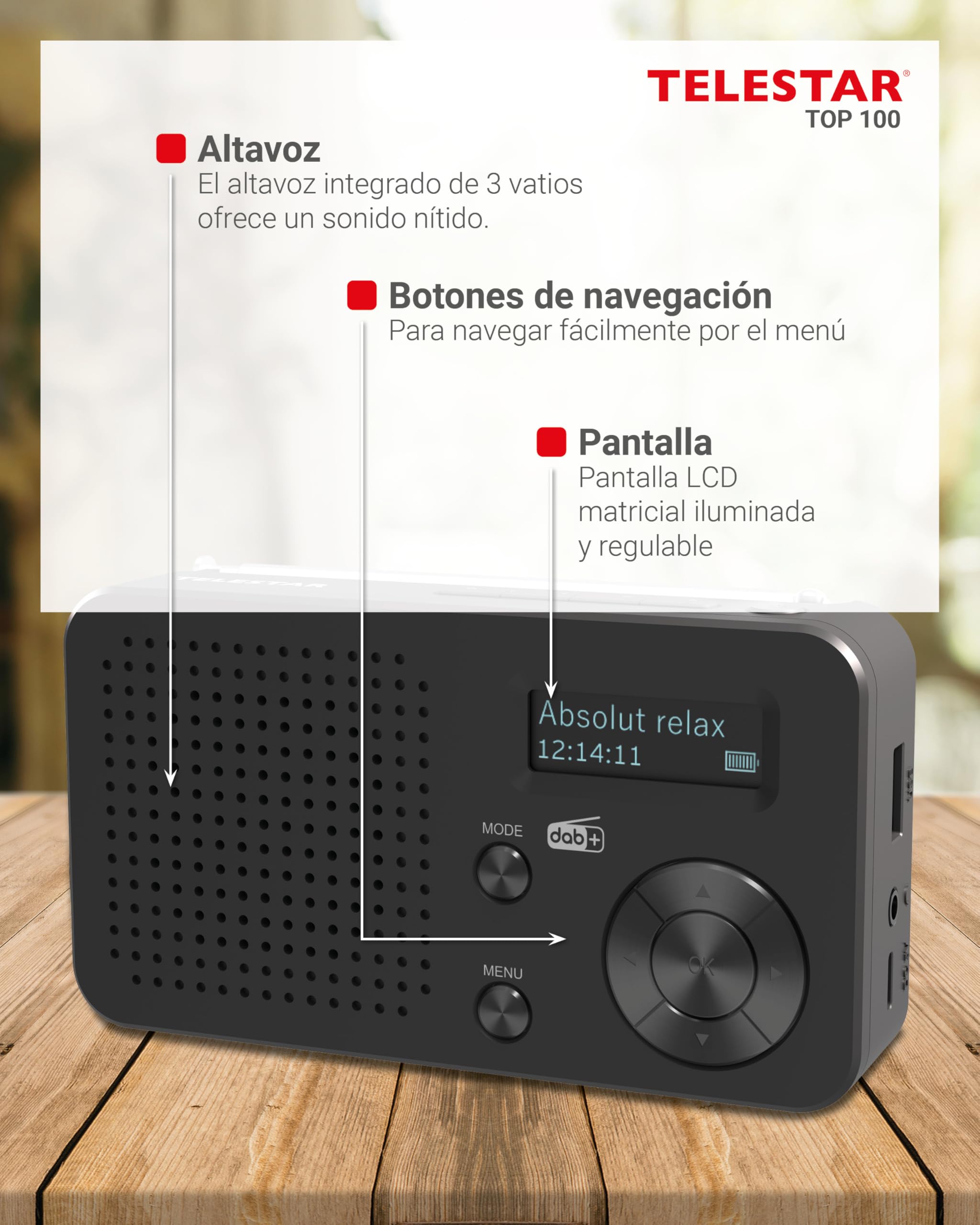 TELESTAR Top 100 – Radio portátil Dab+/FM con batería Recargable – Negro | Batería intercambiable, hasta 15 h de reproducción, carga rápida, audio Bluetooth y reproductor USB