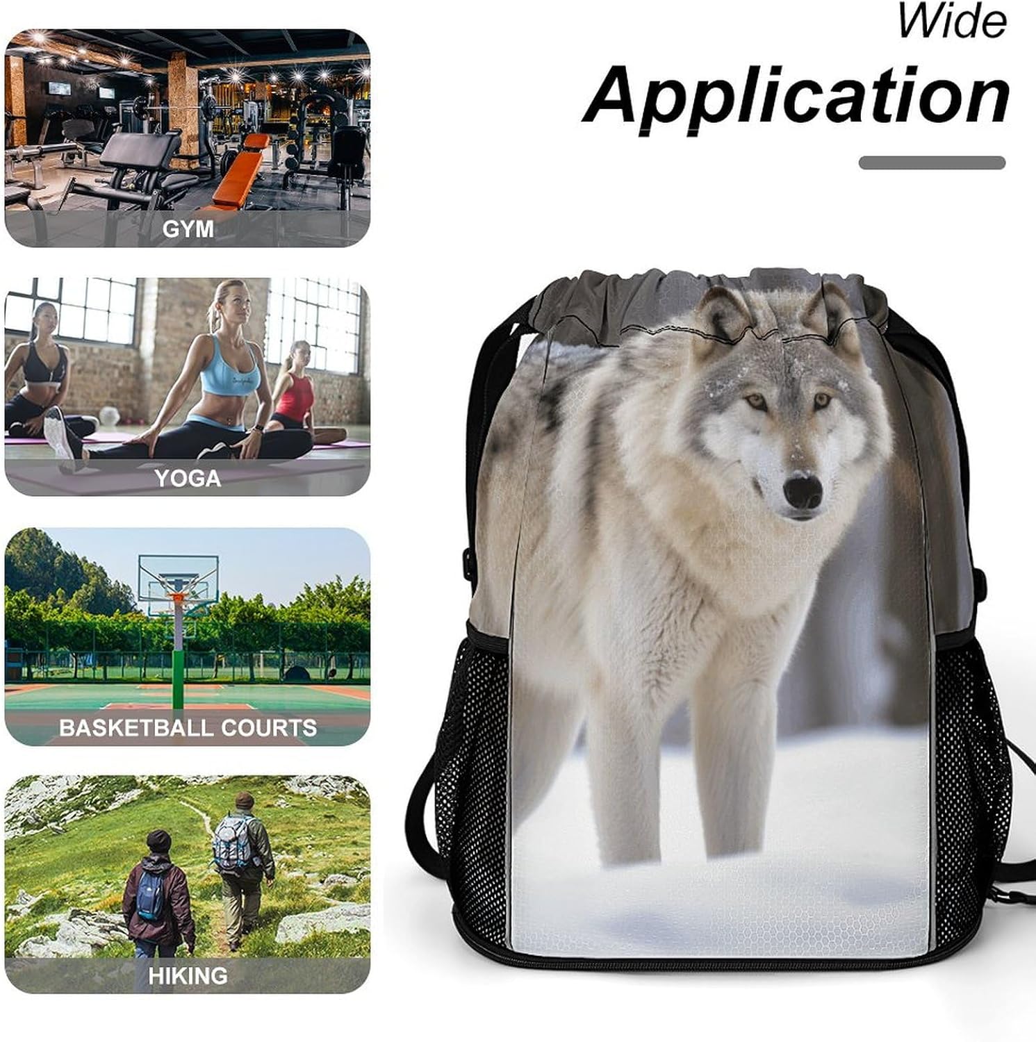 Sports Drawstring Backpack Wolf in The Snow Lightweight Backpack Dry And Wet Separation Large Capacity