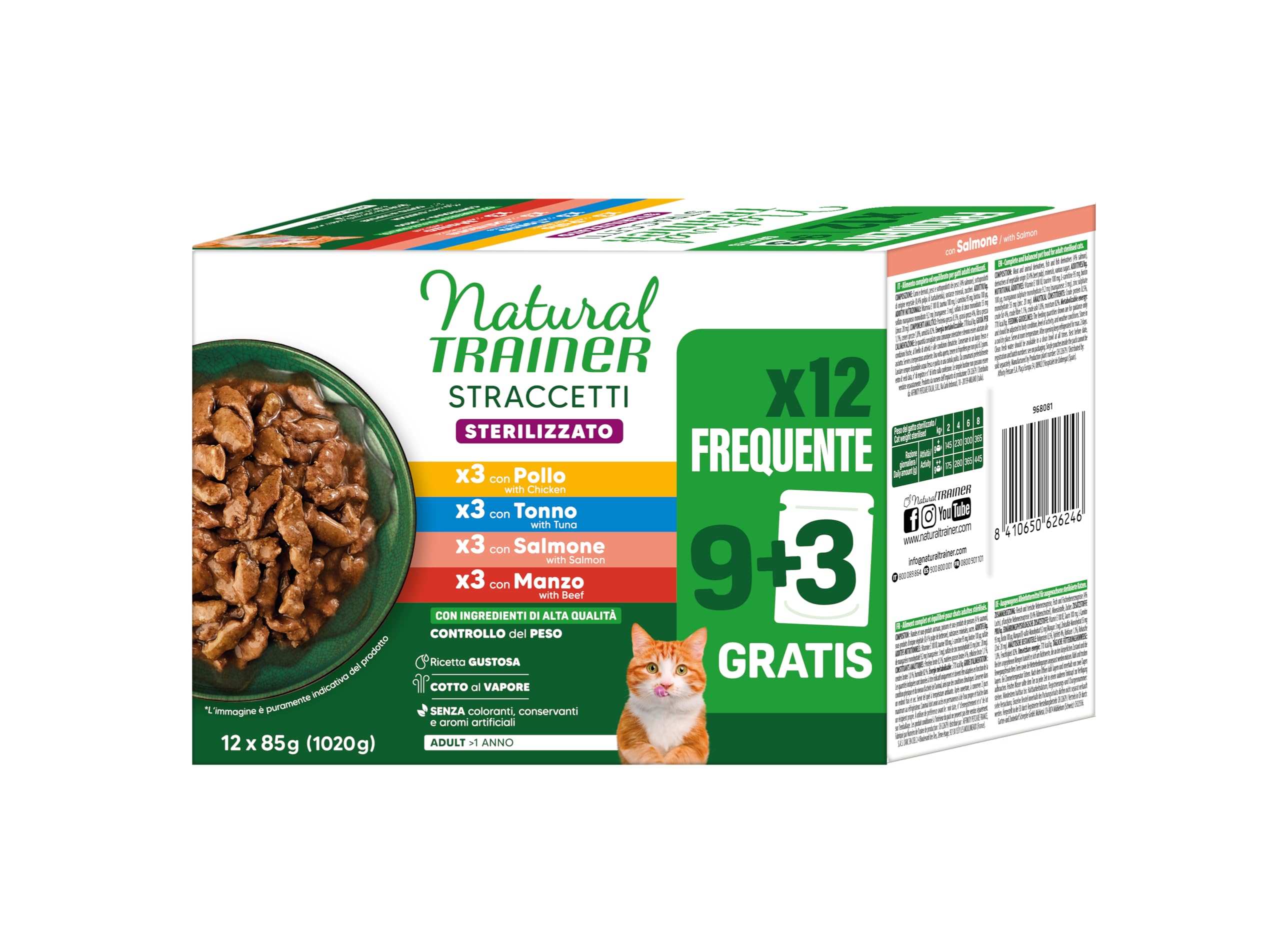 Natural Trainer - Alimentos húmedos para Gatos Adultos esterilizados – Bocaditos en Salsa Multipack (Pollo, atún, salmón, Ternera) 12 x 85 g