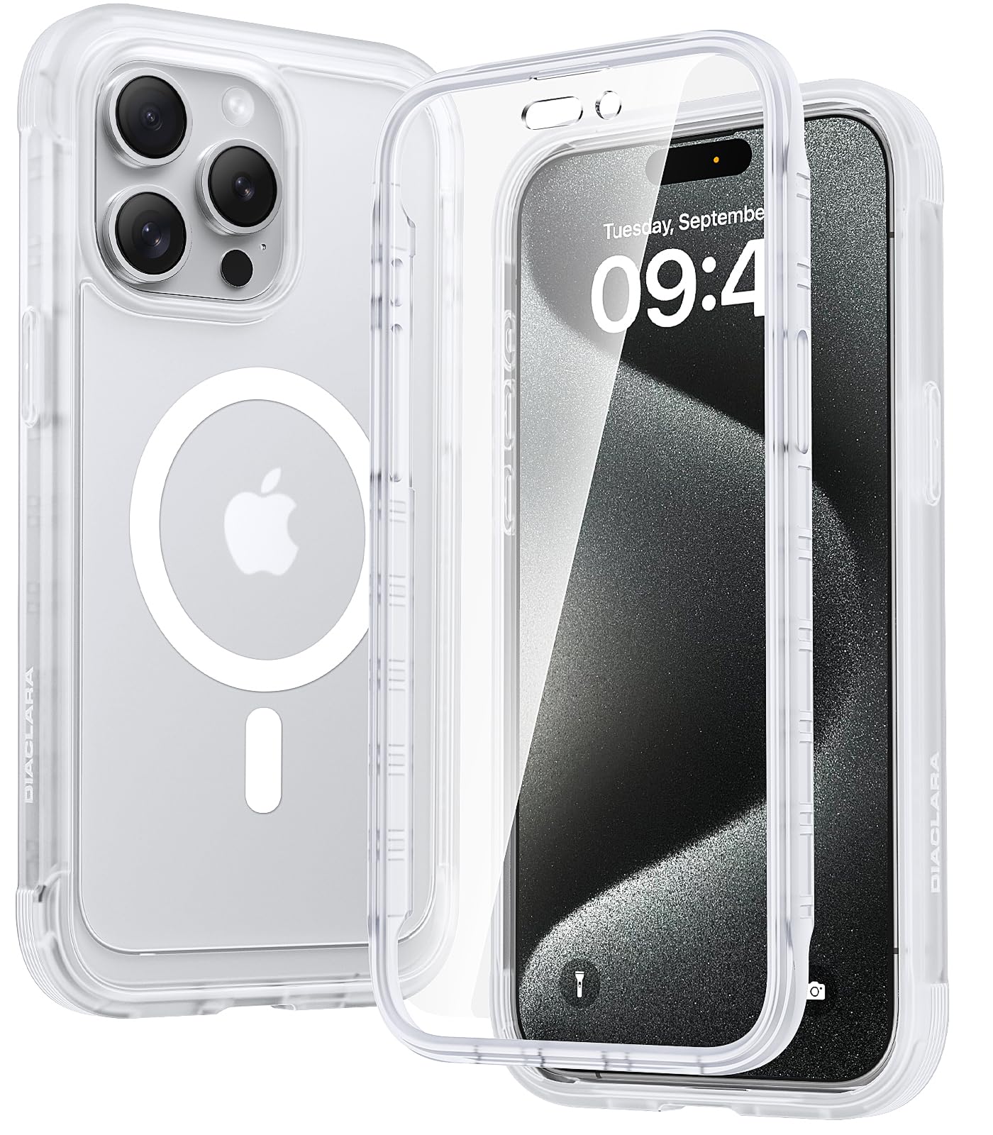 Diaclara Magnetic Designed for iPhone 15 Pro Max Case Full Body Bumper,[Compatible with MagSafe] Military Drop Proof Cover with Built-in Touch Sensitive Anti-Scratch Screen Protector,Matte Clear