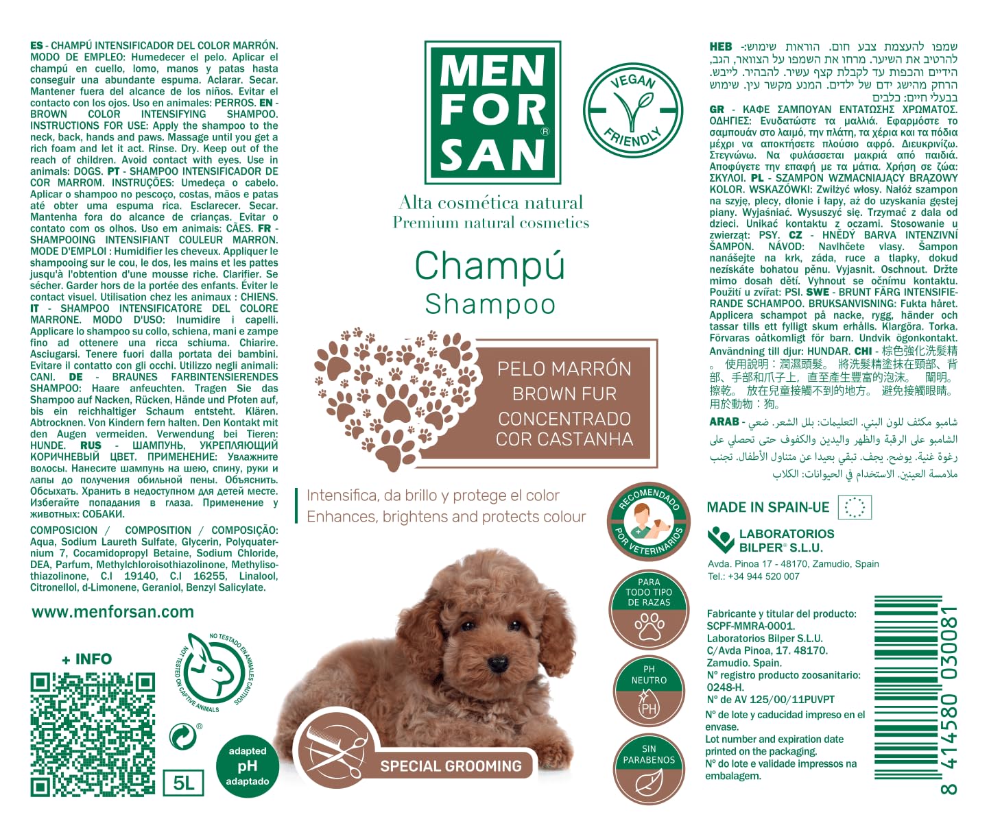 Menforsan Shampoo per Cani dal Manto Marrone, 5L, Intensifica il Colore Naturale