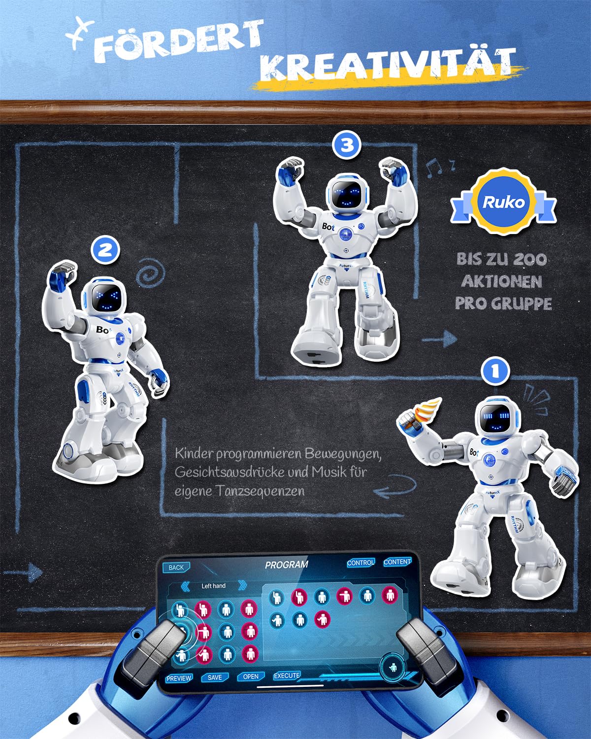 Ruko 1088 Intelligenter Roboter für Kinder, Großer programmierbarer interaktiver RC-Roboter mit Sprachsteuerung und App-Steuerung, Roboter Spielzeug für Kinder von 4–9 Jahren, Blau