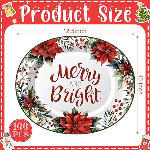 Miniatura 2 de 100 platos desechables de papel ovalados de Navidad a granel de 10 x 12.5 pulgadas, plato grande para cena, plato de papel de Navidad para
