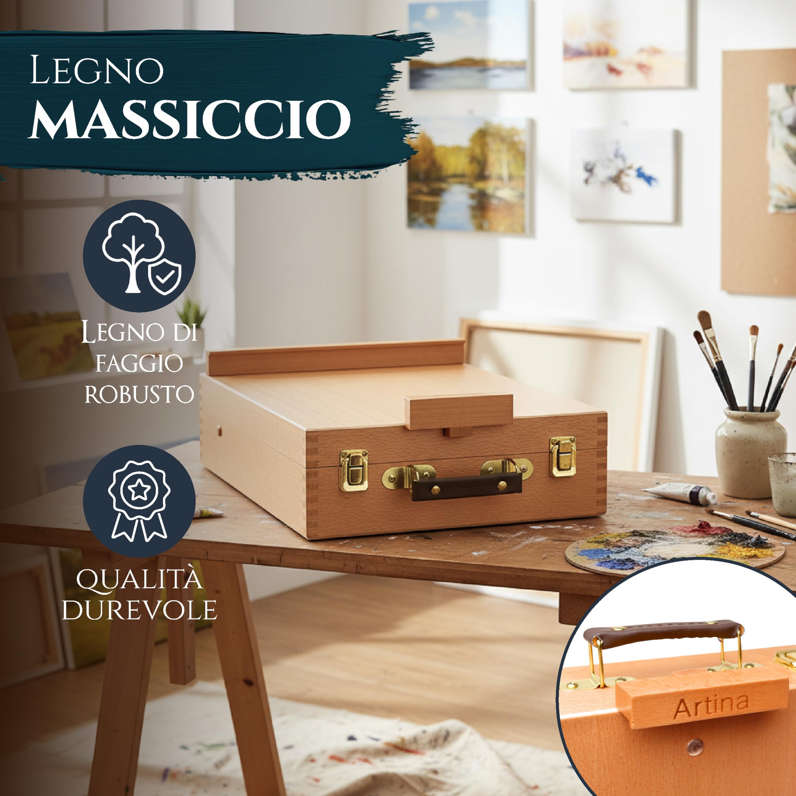 Artina Cavalletto professionale per pittura da tavolo con cassetta | a valigetta da studio o da campagna leggío supporto tele portatile e richiudibile integrata telaio regolabile Nancy
