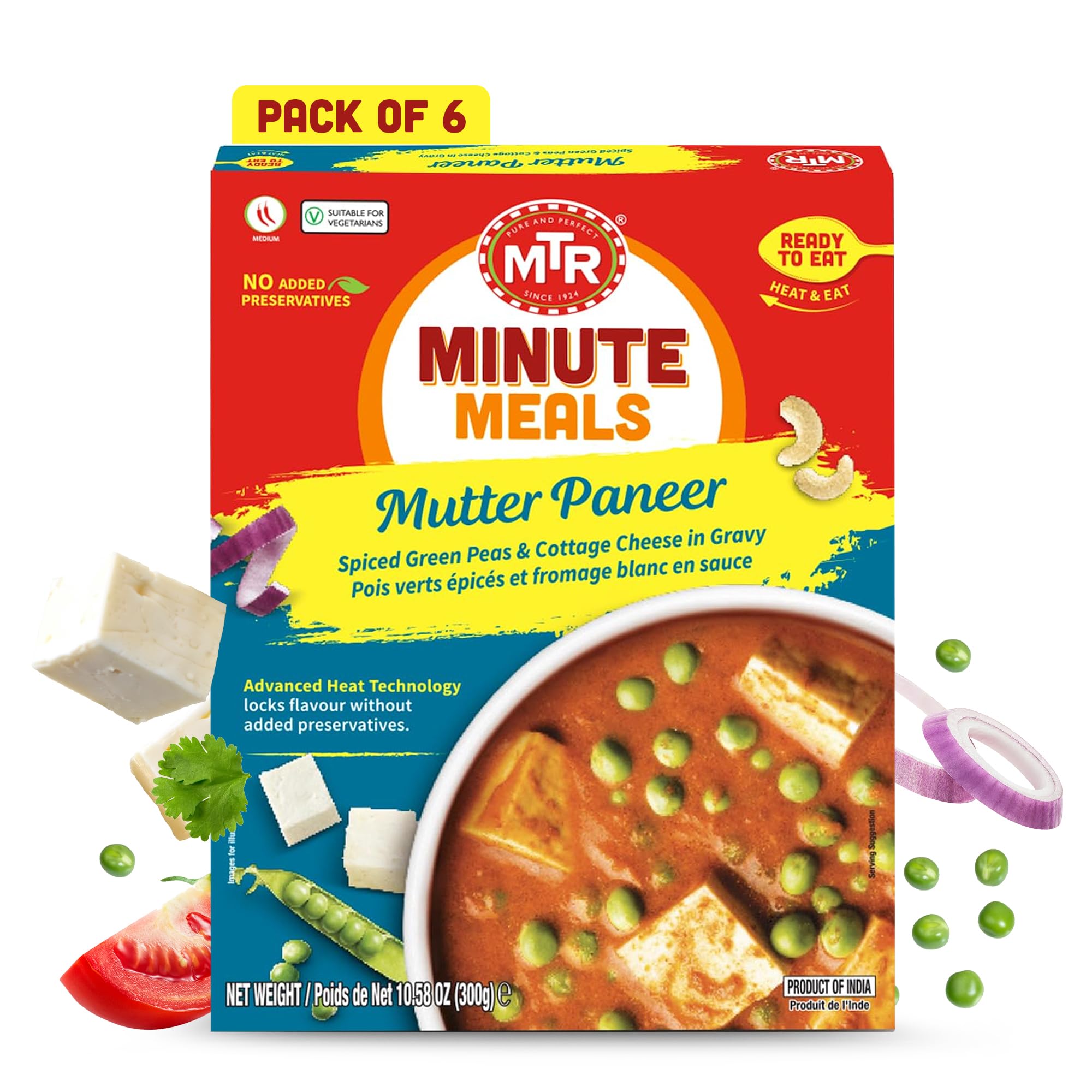 MTR - Minute Meals: Mutter Paneer - Spiced Green Peas & Cottage Cheese in Gravy - Tasty Indian Meal with No Added Preservatives - A Quick Meal Suitable for Vegetarians, Ready in Minutes! (Pack of 6)