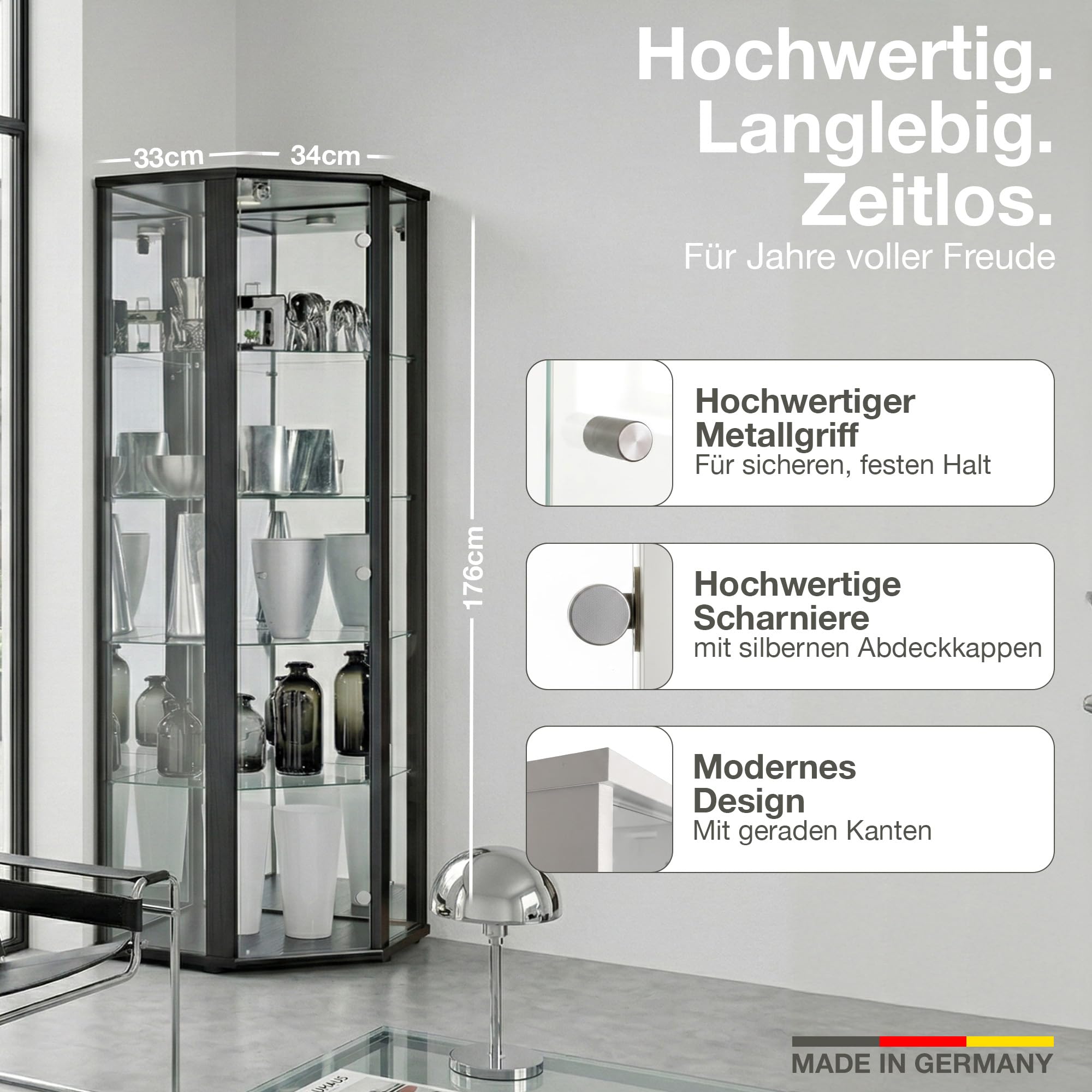 Eckvitrine in Schwarz (176x56,5x56,5 cm) mit 4 Glasböden, Schloss, Spiegel & LED - Modellauto Vitrine Schwarz - Vitrinenschrank Holzoptik - Sammlervitrine - Wohnzimmerschrank Glasvitrine