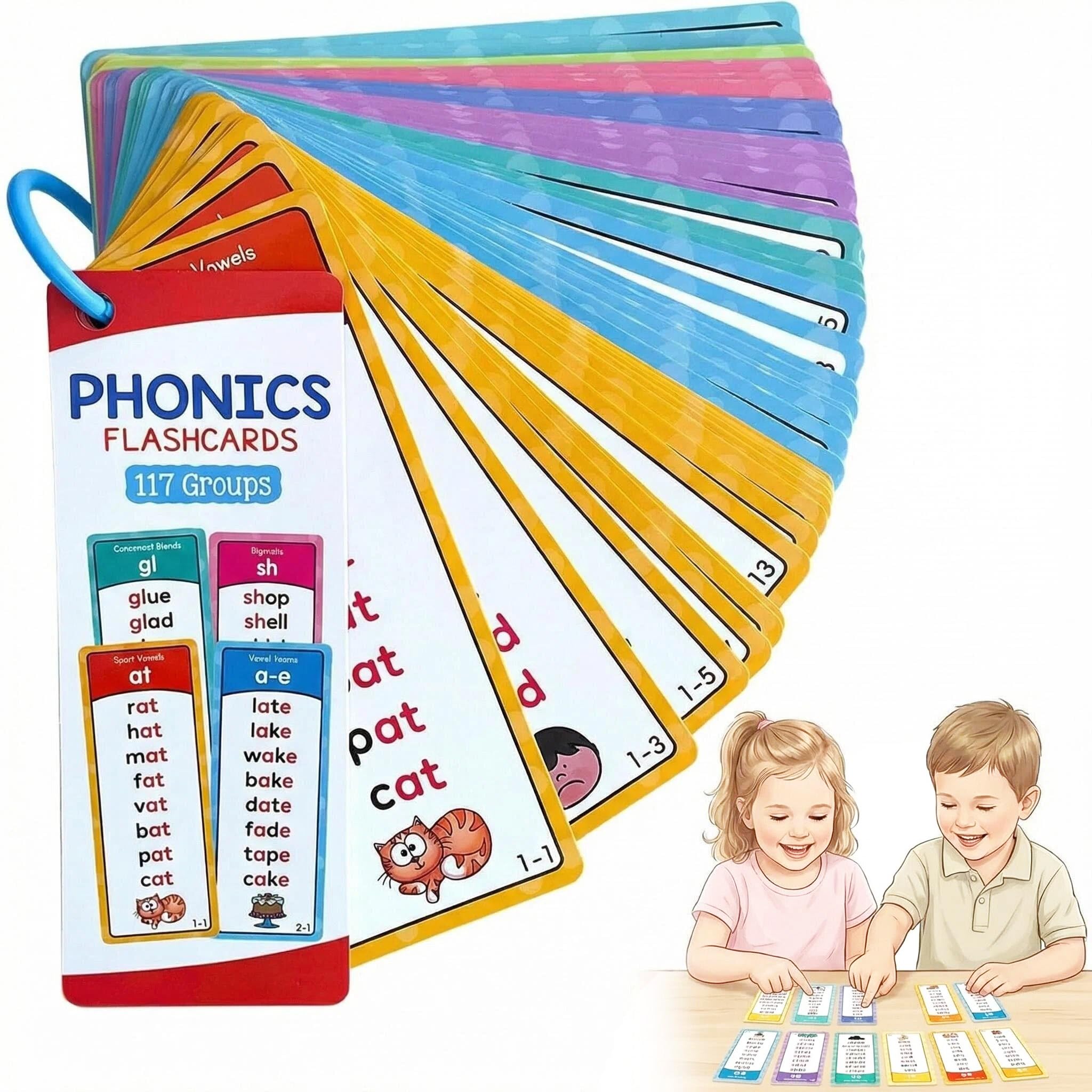 PORUPAEL 60Pcs Phonics Flash Cards - 1000 Sight Words Double-Sided Learning Cards with Ring, Natural Spelling Word Building Flash Cards for Toddlers Kids Age 3-8, Home Classroom Educational Games