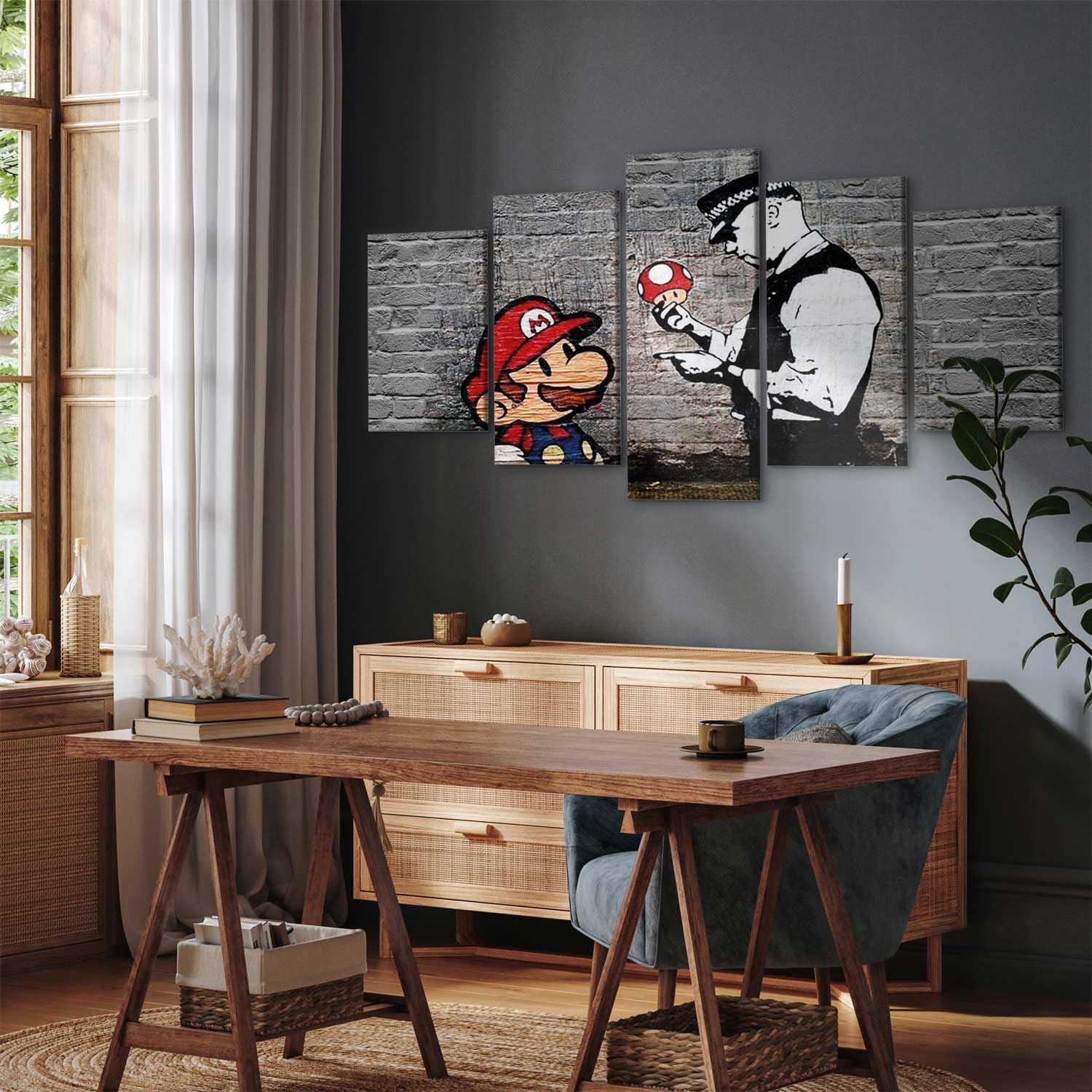 Cuadros B&D XXL - Quadro Moderno Banksy Collage 200x100 cm 5 Pezzi - Stampa su Tela Grande - Quadri Moderni Componibili Camera da Letto Matrimoniale - Stampe da Parete Arte - Poliziotto i-B-0040-b-m
