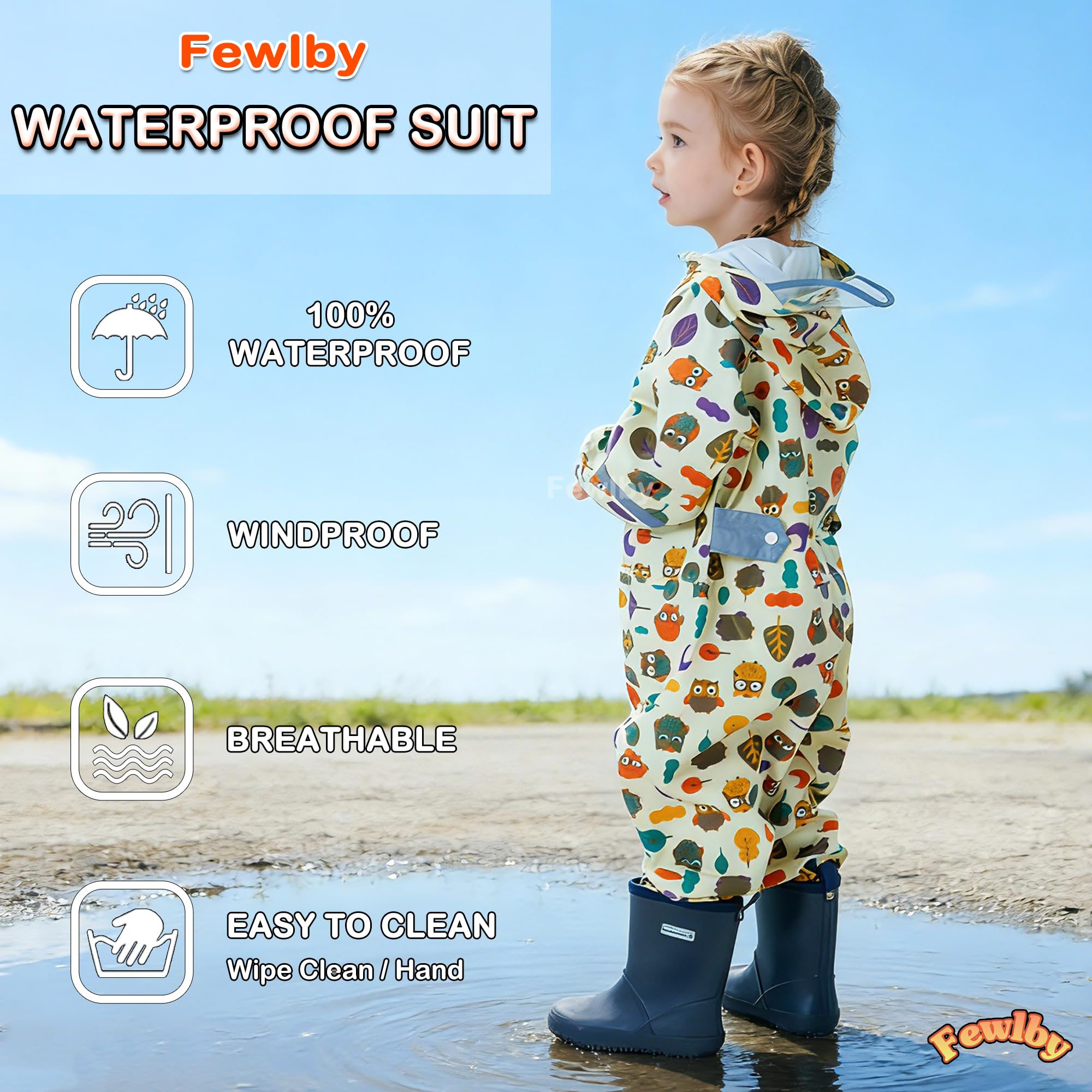 Fewlby Chubasquero Impermeable Niños Poncho de Lluvia Niñas Chaqueta Impermeable Ligero Abrigos de Lluvia Mono Impermeable con Capucha Traje de Lluvia 1-10 Años