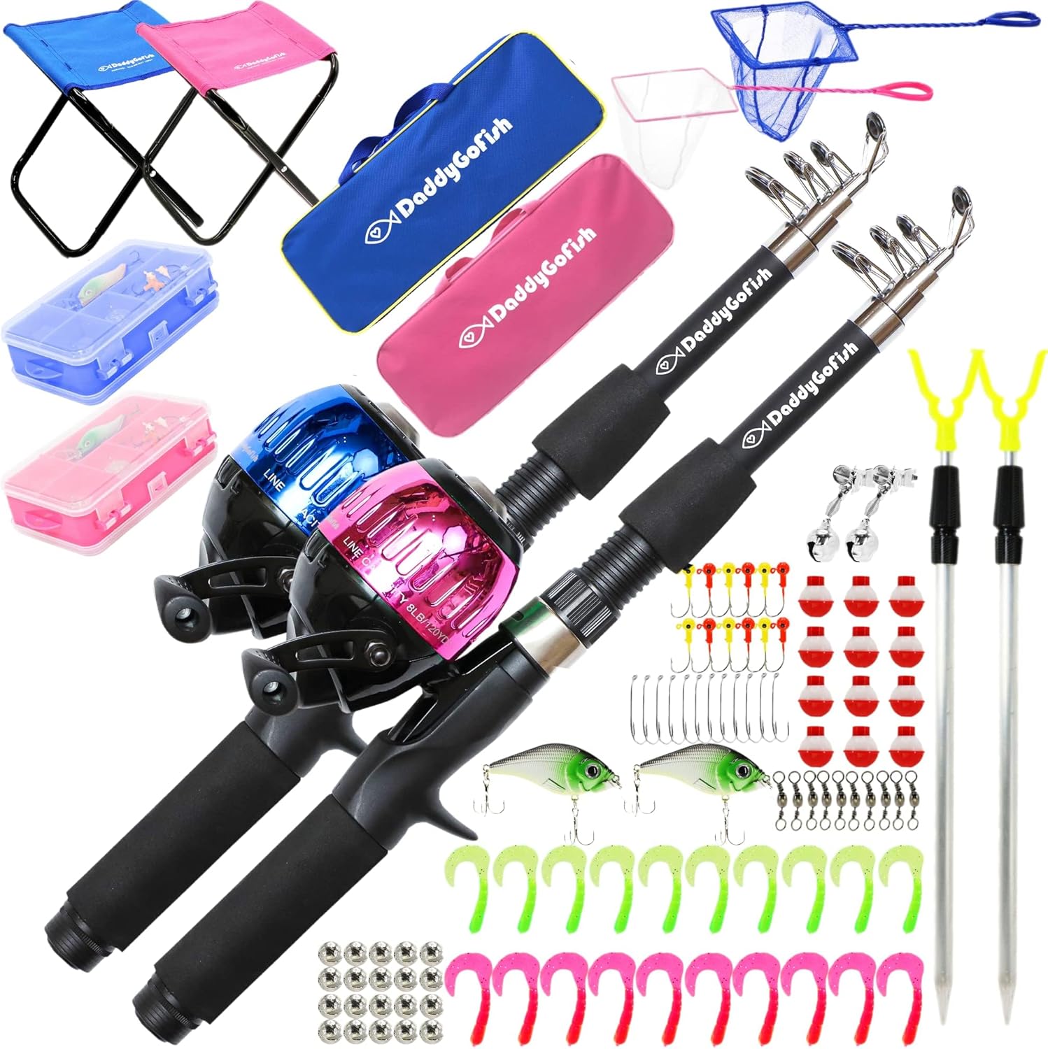 DaddyGoFish Kids Fishing Pole - Rod Reel Combo Tackle Box Starter Set - First Year Small Dock Gear Kit for Boys Girls Toddler Youth Age Beginner Little Children Junior Anglers Older Kids