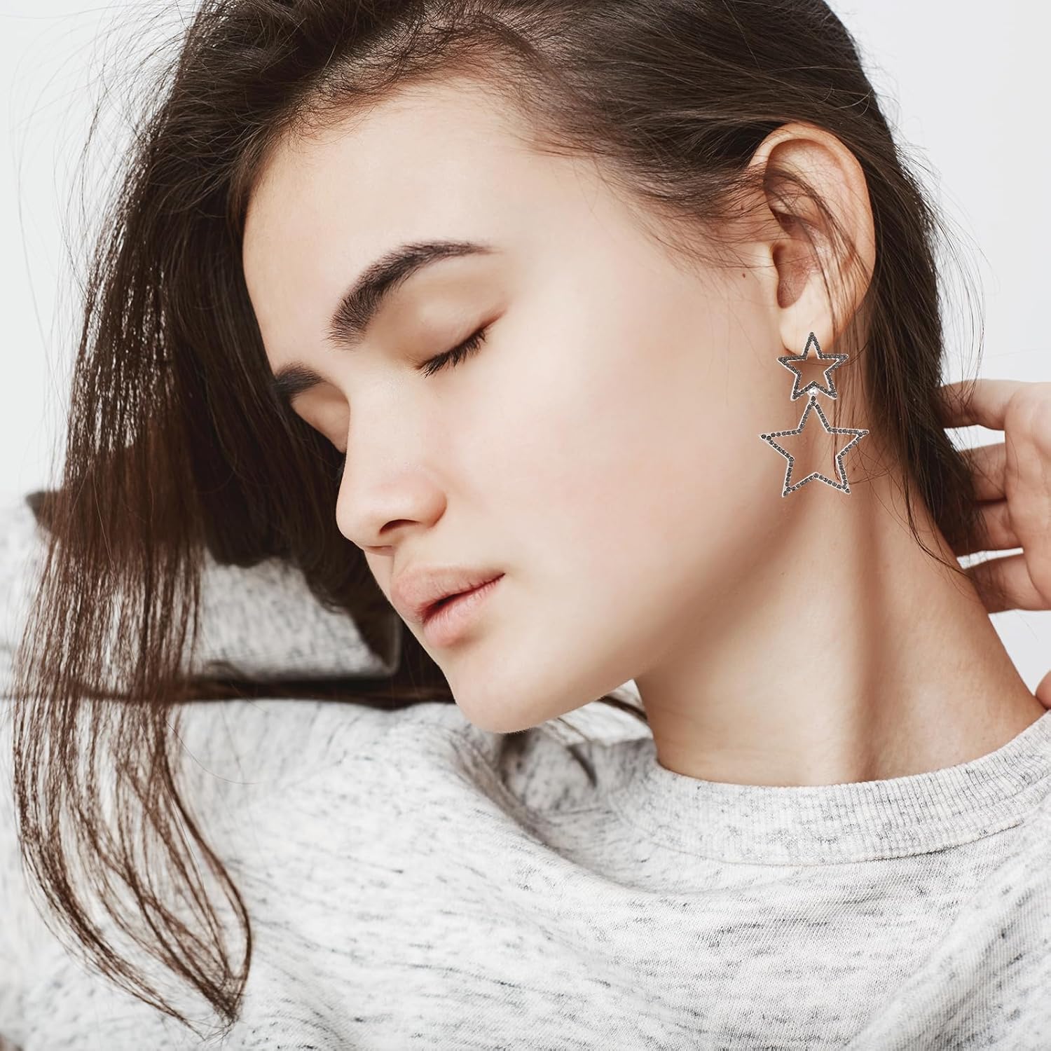 Star Earrings for Women Sparkle Rhinestone Big Star Drop Dangle Earrings Hollow Dangling Earrings Long Double Stud Earrings Jewelry for Lightweight Festival Birthday Party - Image 2